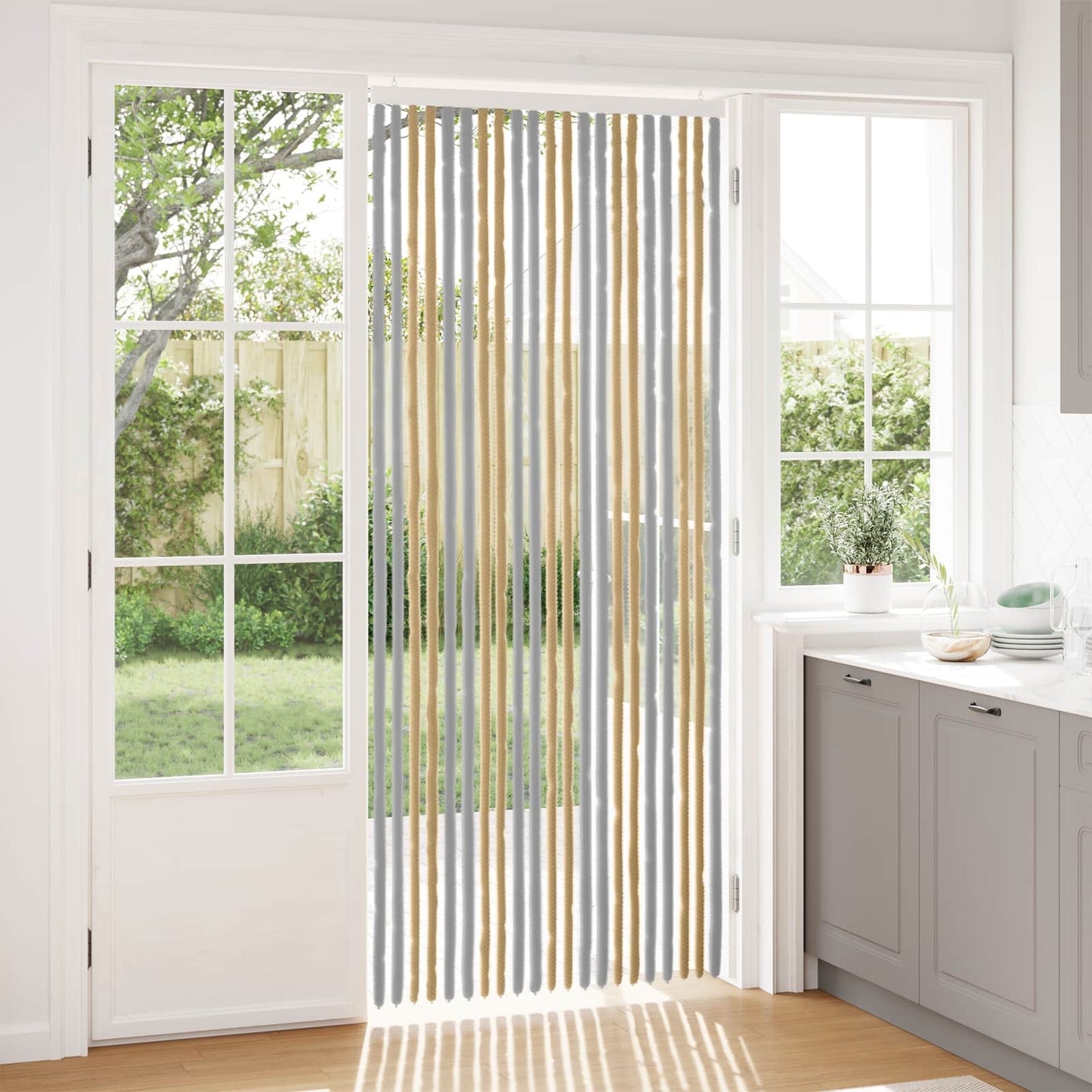 Insektgardin i chenille Grå og beige 90 x 220 cm 100% PP