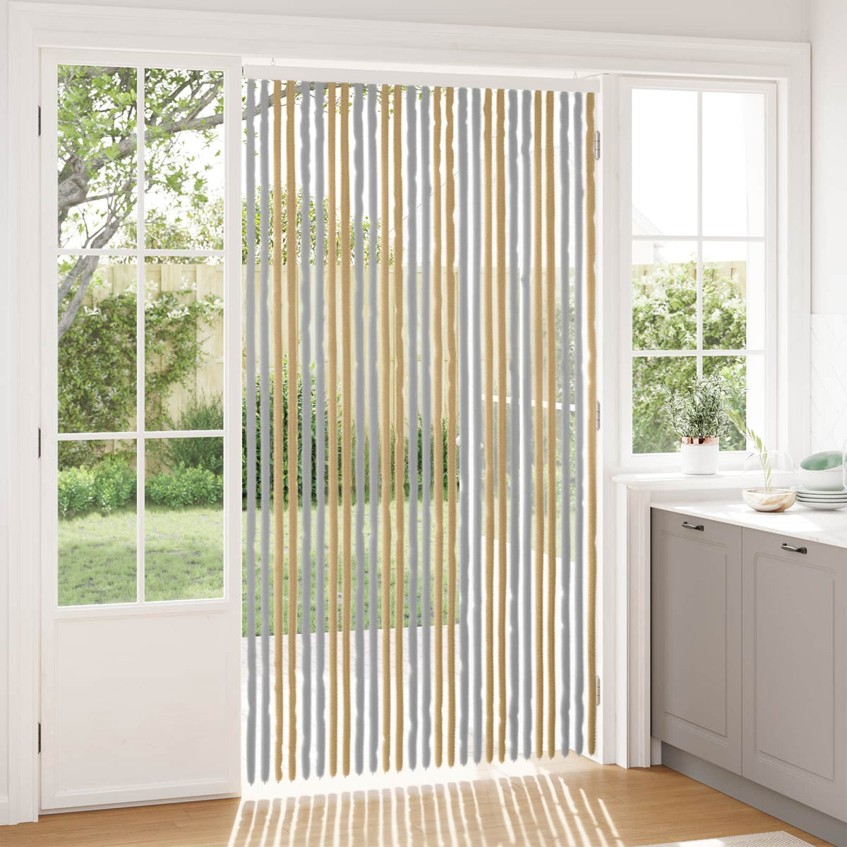 Insektgardin i chenille Grå og beige 118 x 220 cm 100% PP