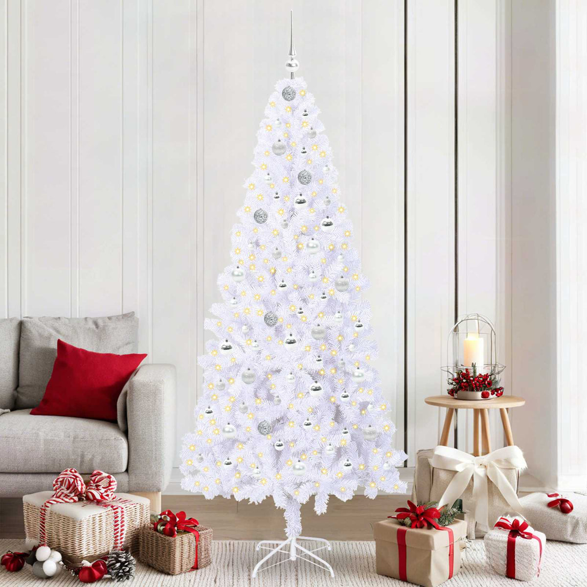 Kunstigt juletræ med 300 LED'er Hvid 210 cm PVC og Stål