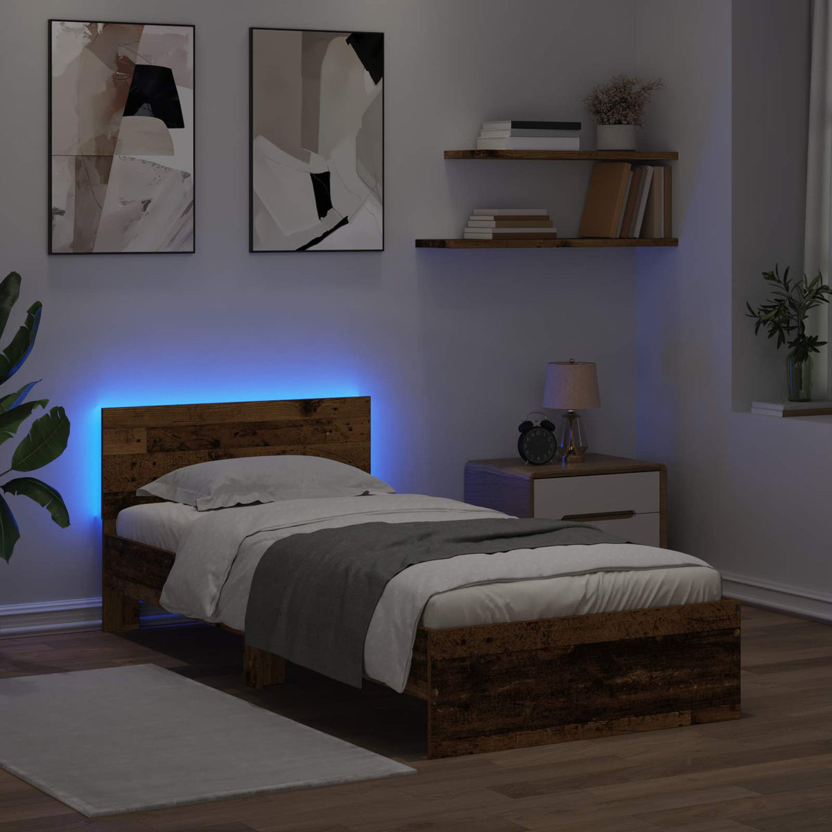 Sengestel med LED-lysstrimler Gammelt træ Konstrueret træ