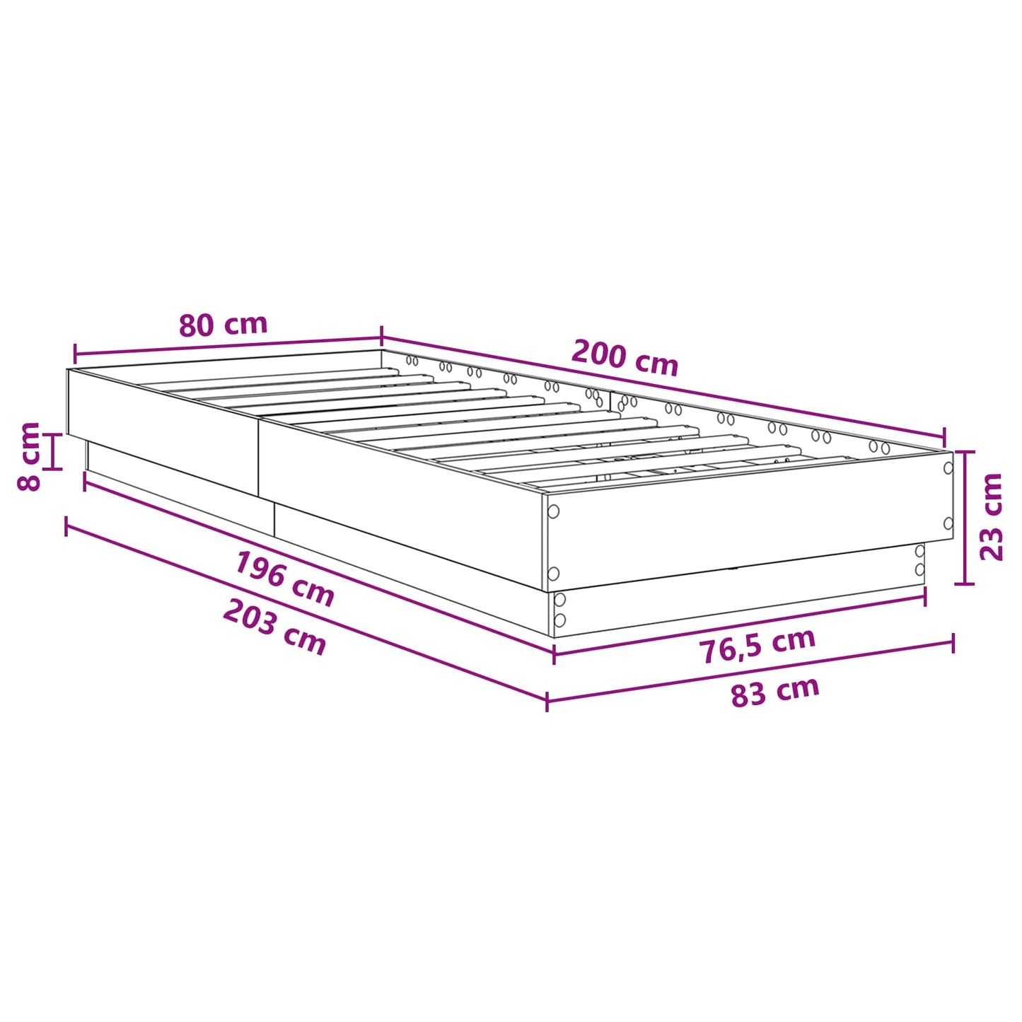 Senge ramme med LED Betongrå 80 x 200 cm Konstrueret træ