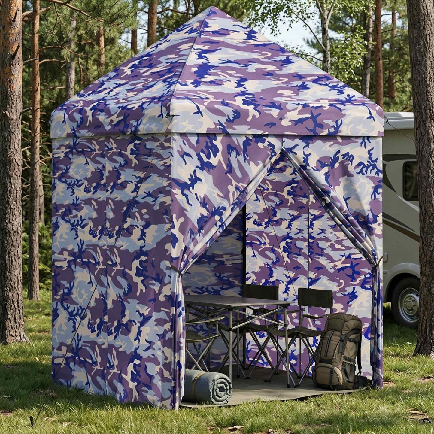 Pop-up Skur med 4 Sidevægge 2,9 x 2,9 m Blå Kamuflage