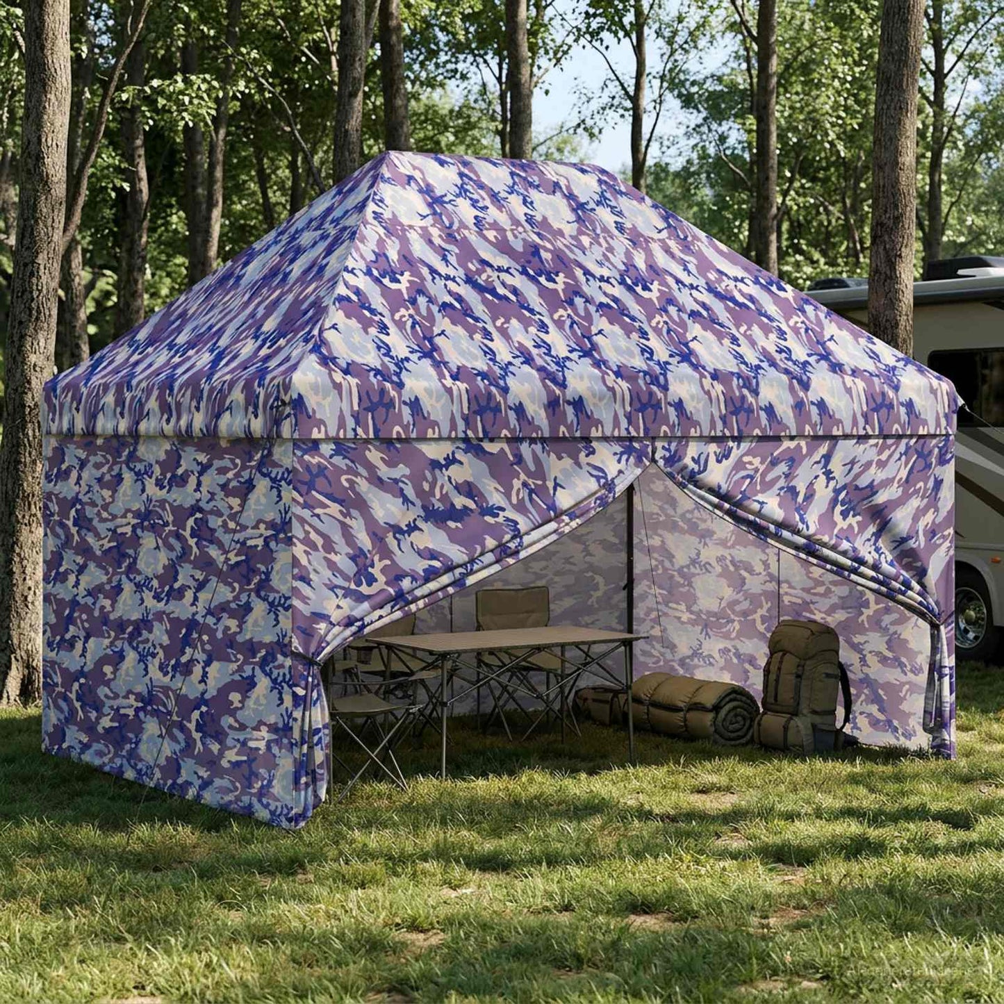 Pop-up Skur med 4 Sidevægge 2,95 x 4,1 m Blå Kamuflage