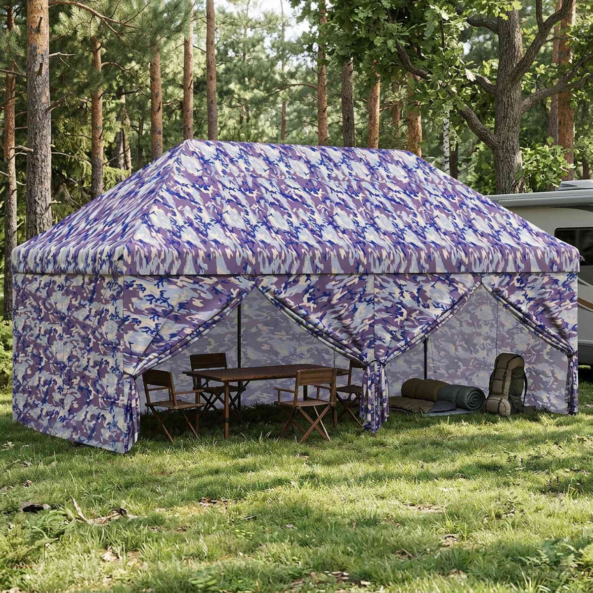 Pop-up Skur med 4 Sidevægge 3 x 6 m Blå Kamuflage