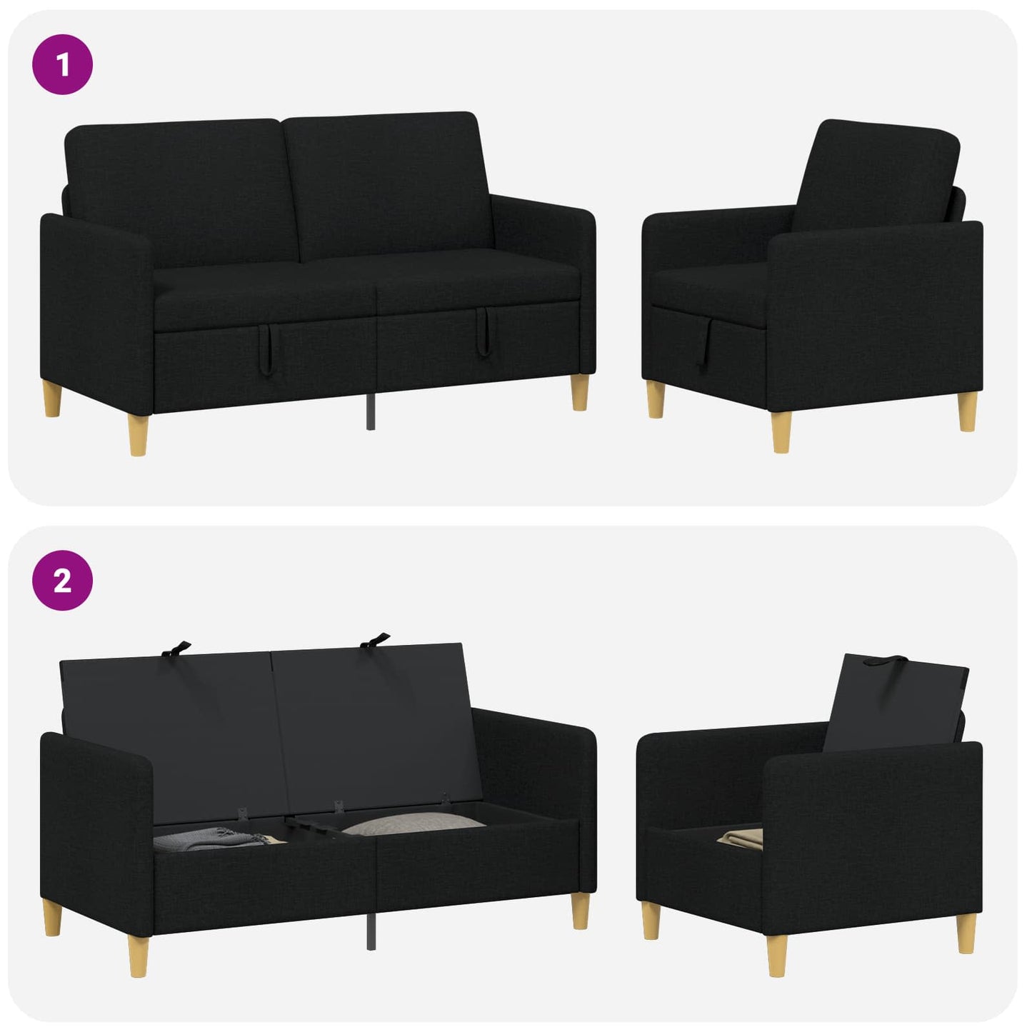 Sofa sæt med opbevaring 2 stk. Sort Polyester