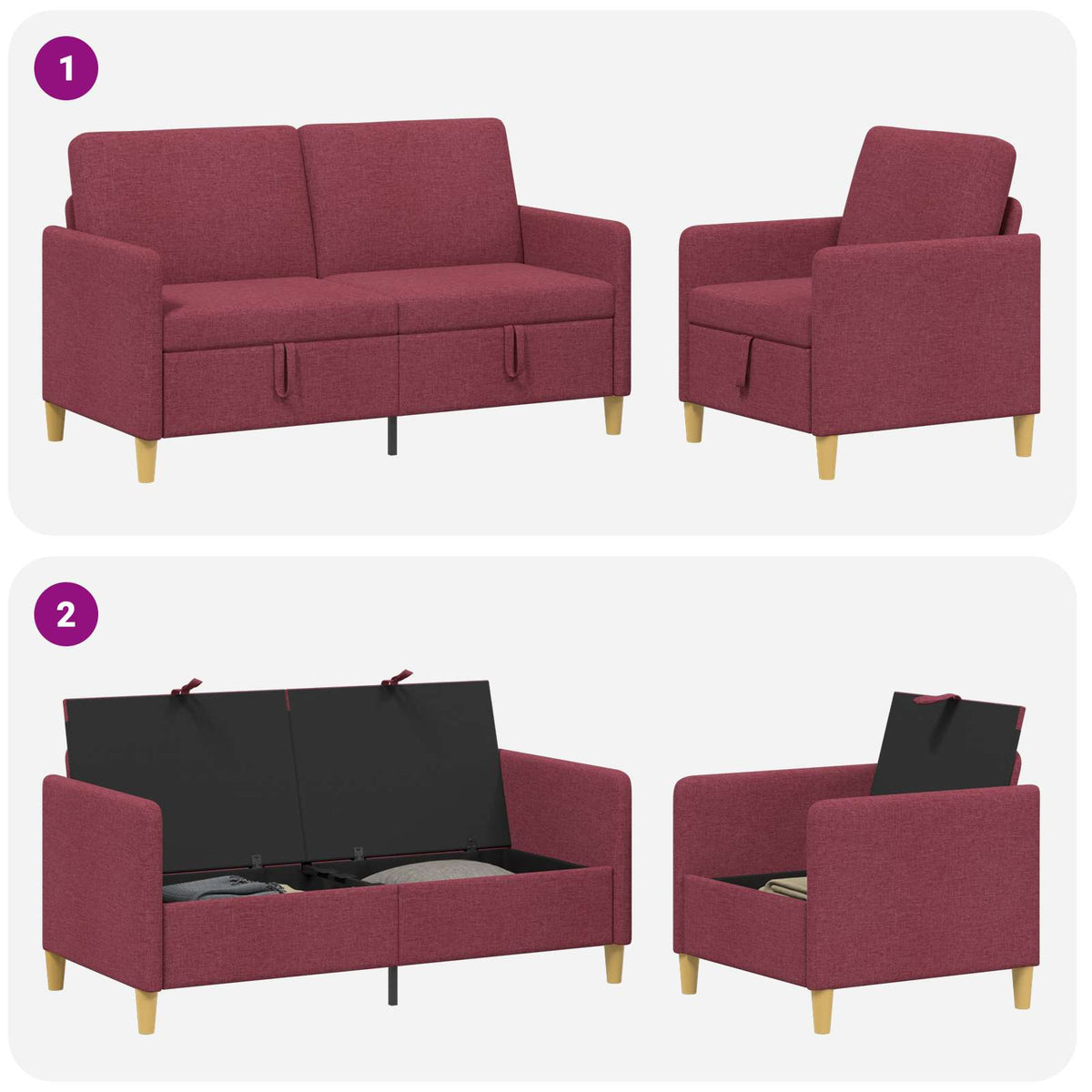 Sofa sæt med opbevaring 2 stk. Vinrød Polyester