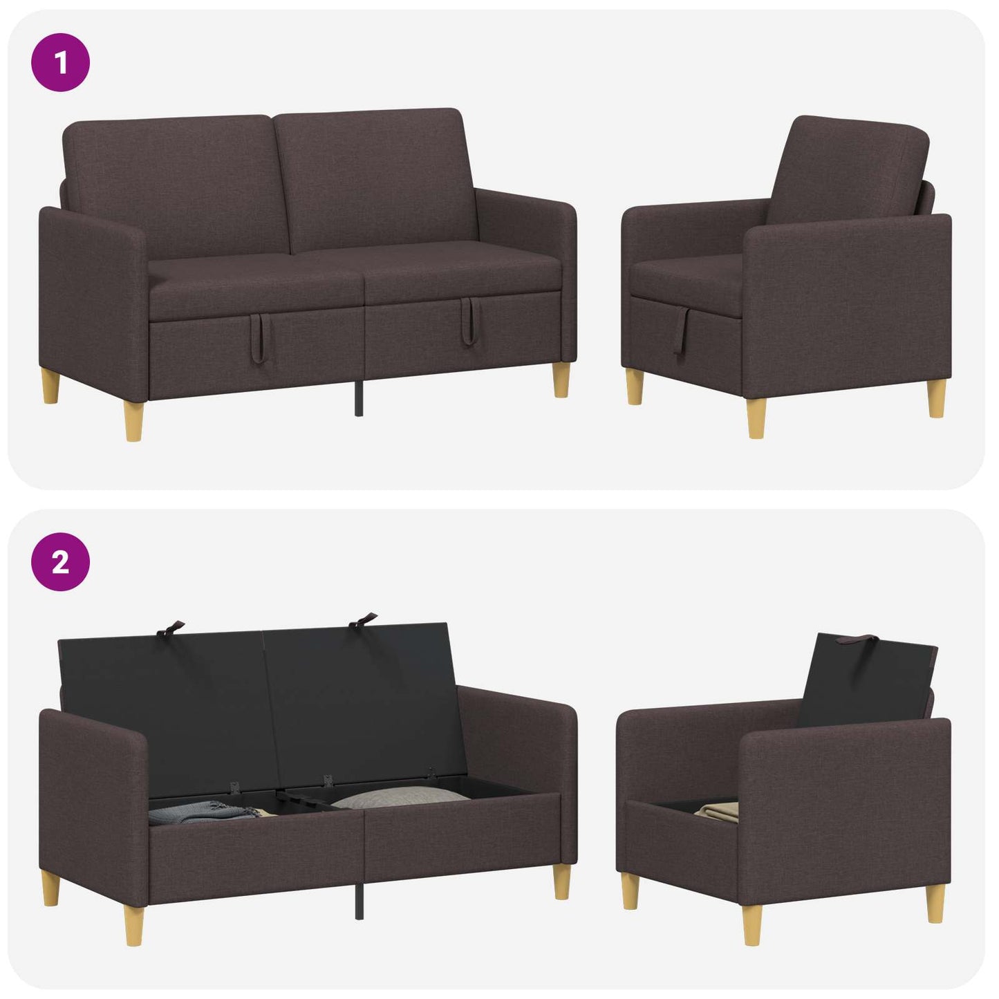 Sofa sæt med opbevaring 2 stk. Mørk Brun Polyester