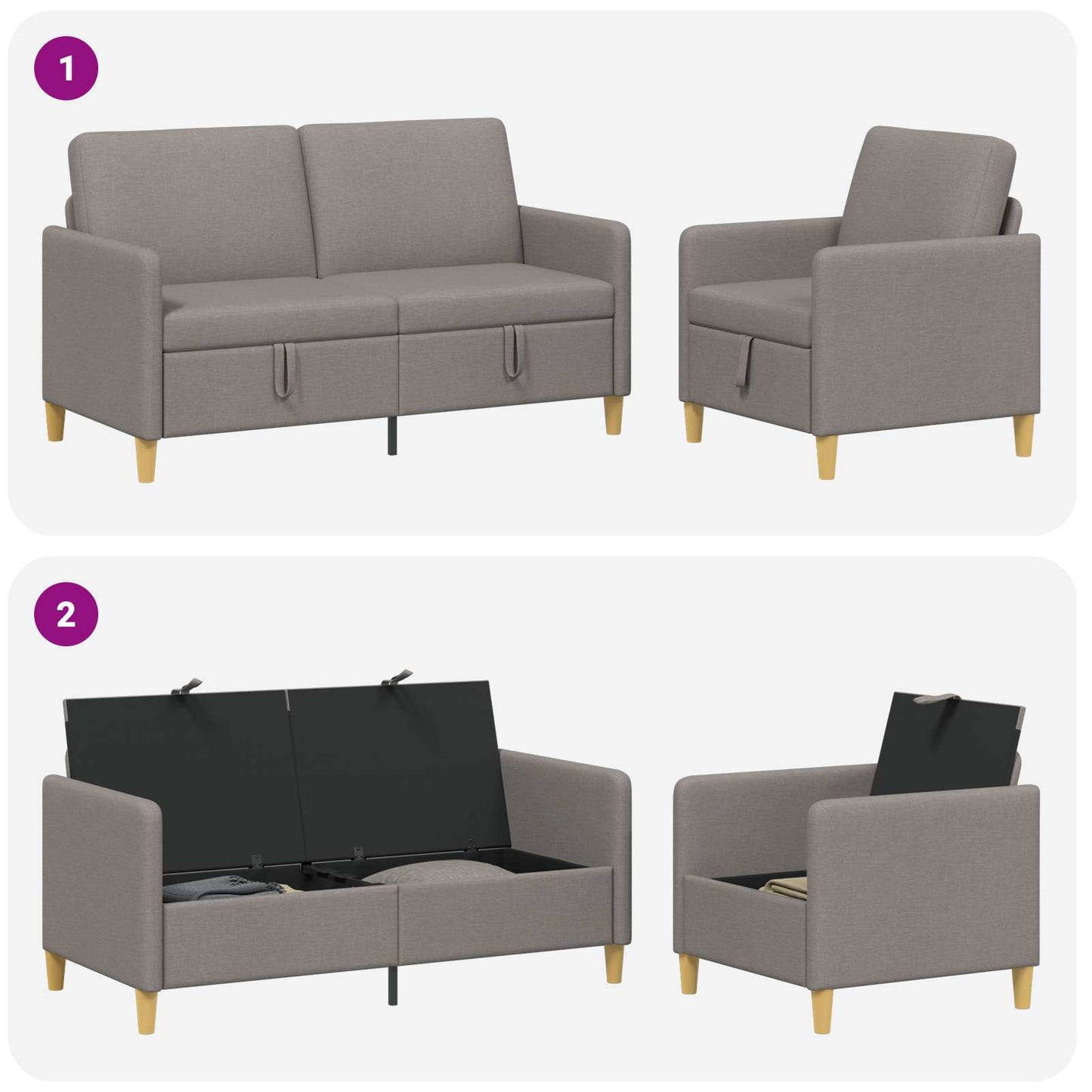 Sofa sæt med opbevaring 2 stk. Gråbrun Polyester