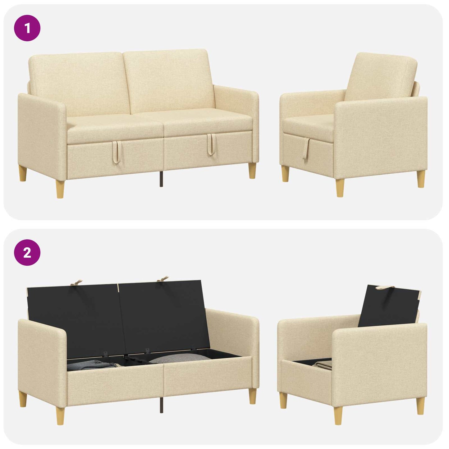 Sofa sæt med opbevaring 2 stk. Cremefarvet Polyester