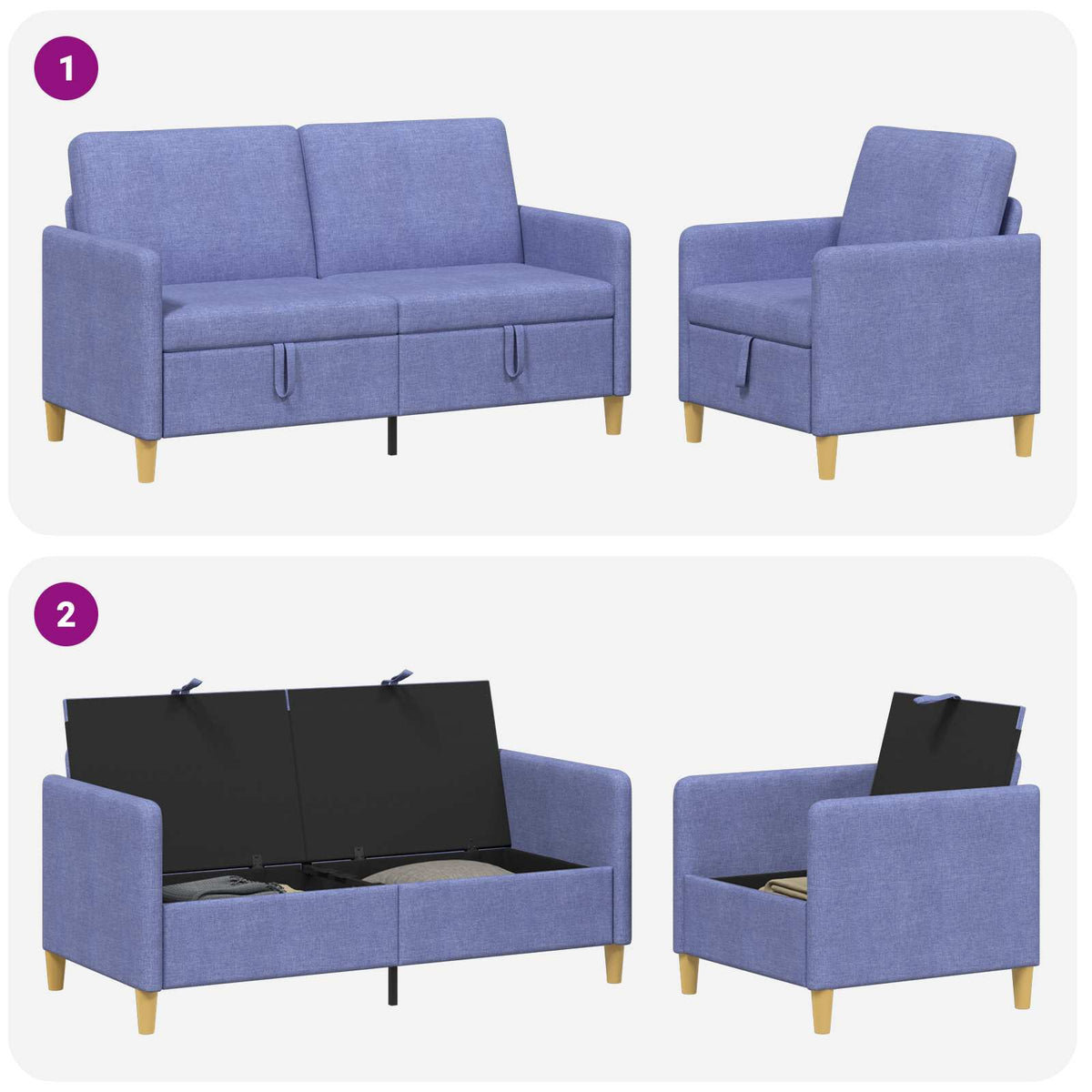 Sofa sæt med opbevaring 2 stk. Jeans blå Polyester