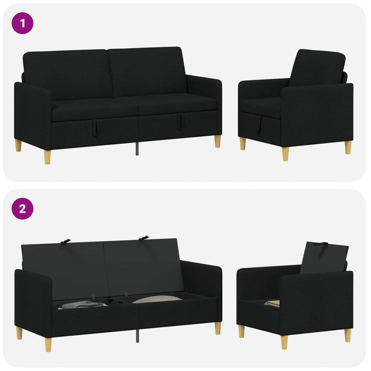Sofa sæt med opbevaring 2 stk. Sort Polyester