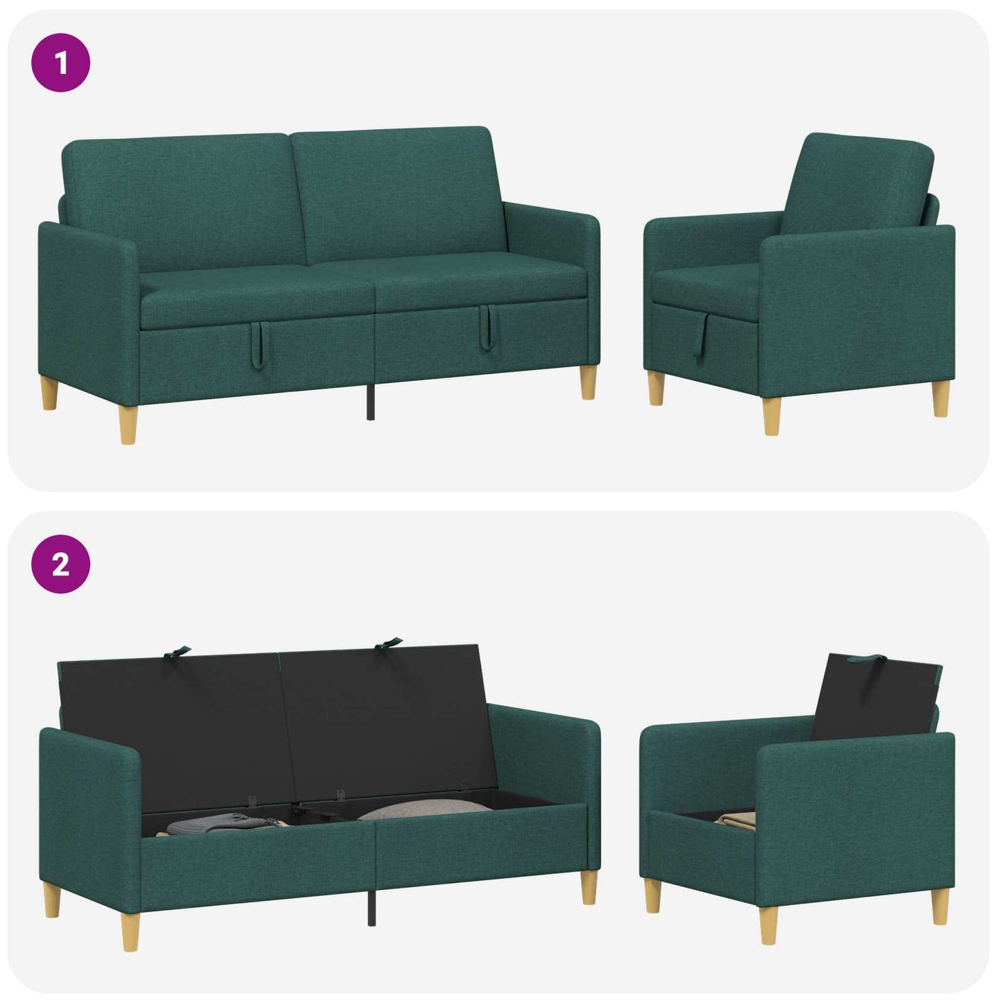 Sofa sæt med opbevaring 2 stk. Mørkegrøn Polyester