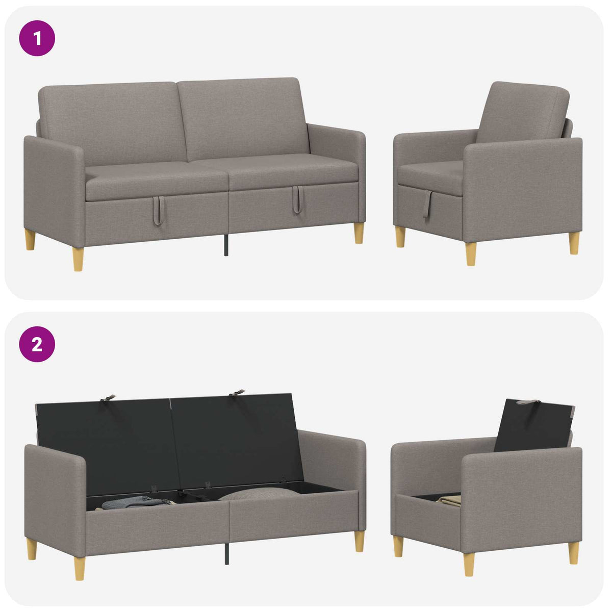Sofa sæt med opbevaring 2 stk. Gråbrun Polyester