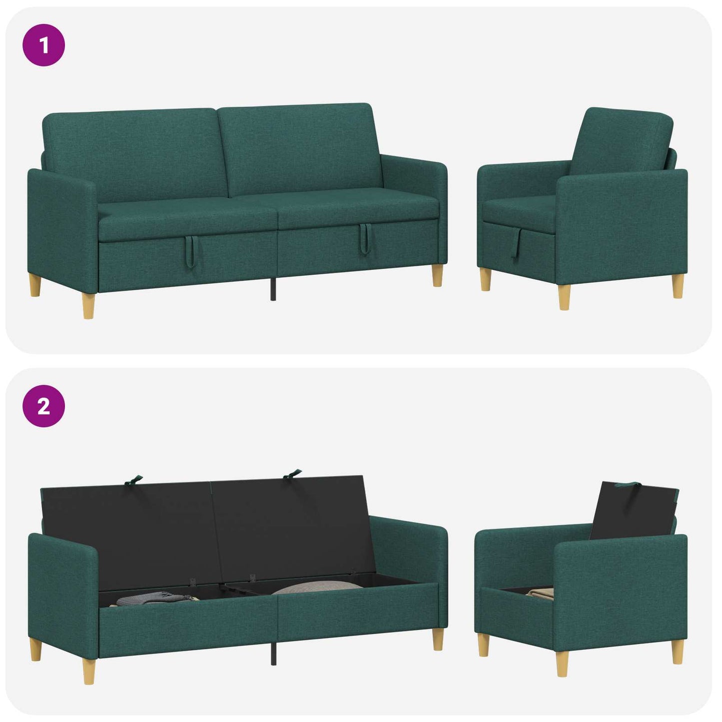 Sofa sæt med opbevaring 2 stk. Mørkegrøn Polyester