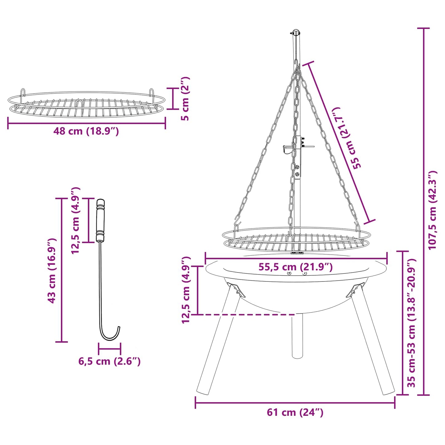 Bålsted med justerbar grillrist ⌀55,5 x 107,5 cm Stål Sort