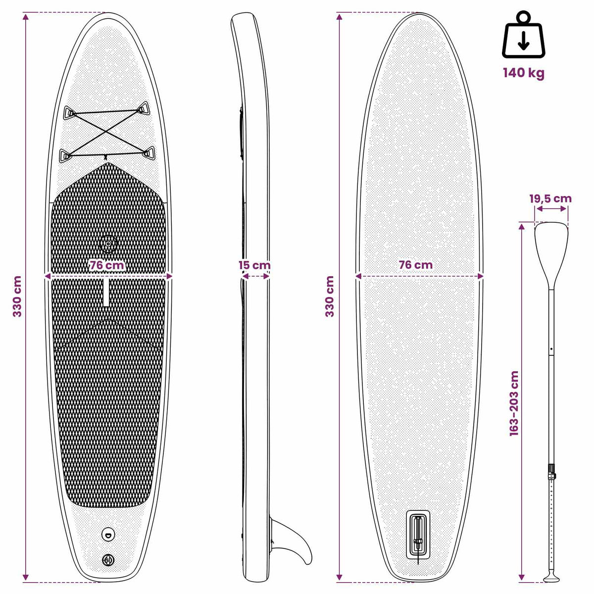 Oppusteligt SUP Board med Sejl HYDROS 330 x 76 x 15 cm Turkis