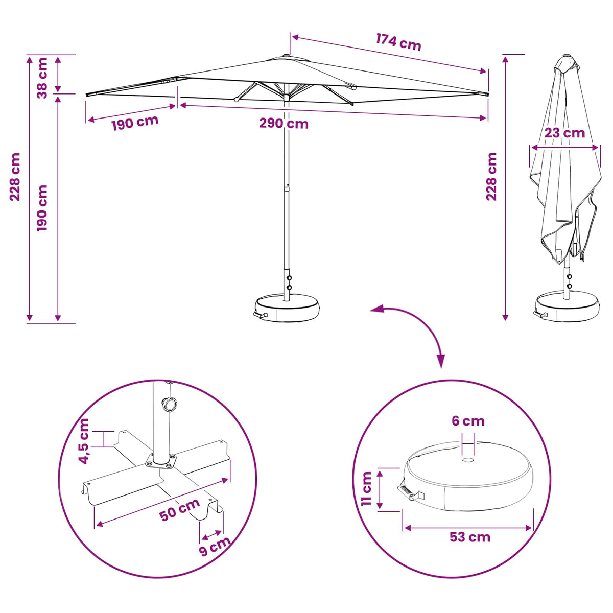 Haveparasol med base 200 x 300 cm Polyester Rektangulær Gråbrun