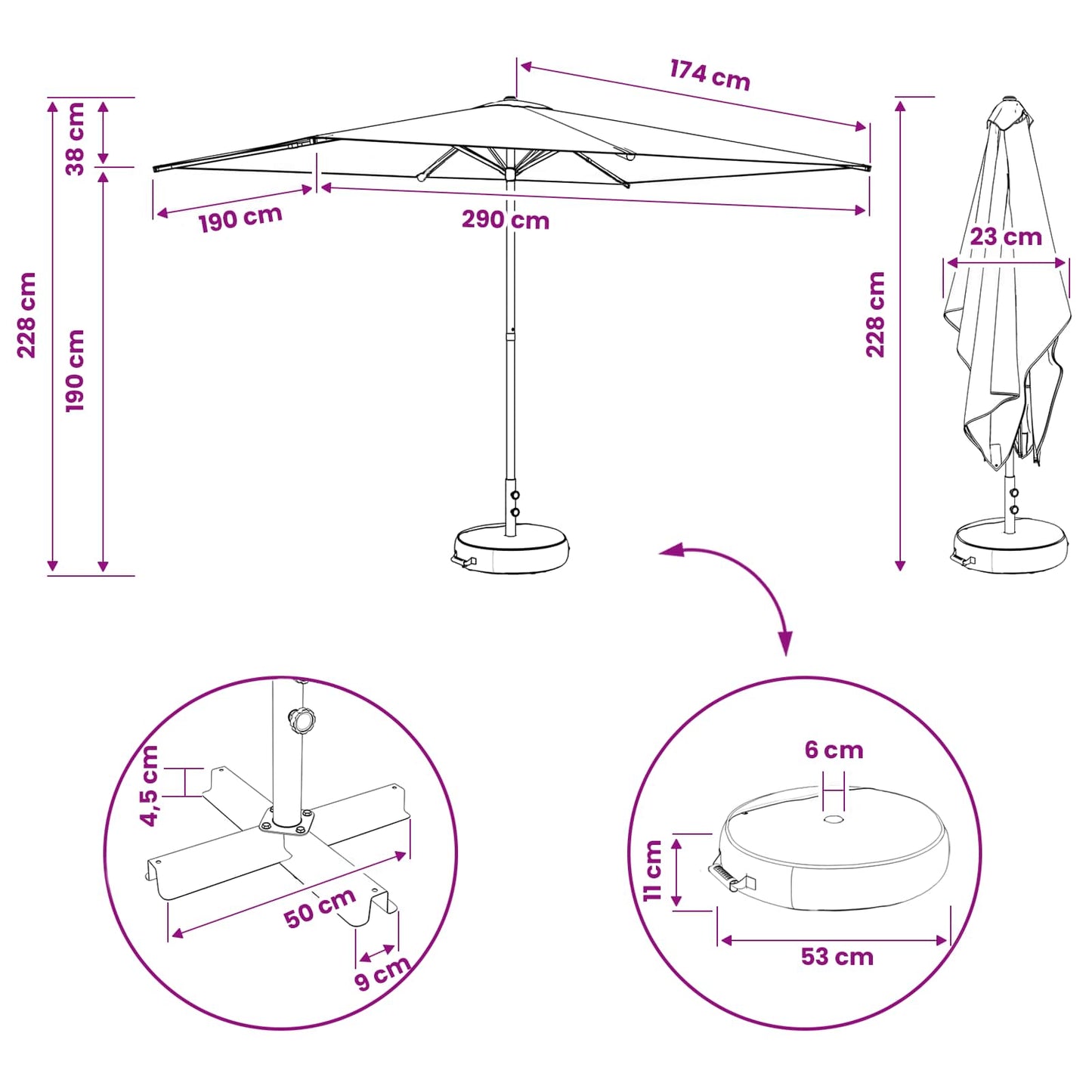 Haveparasol med base 200 x 300 cm Polyester Rektangulær