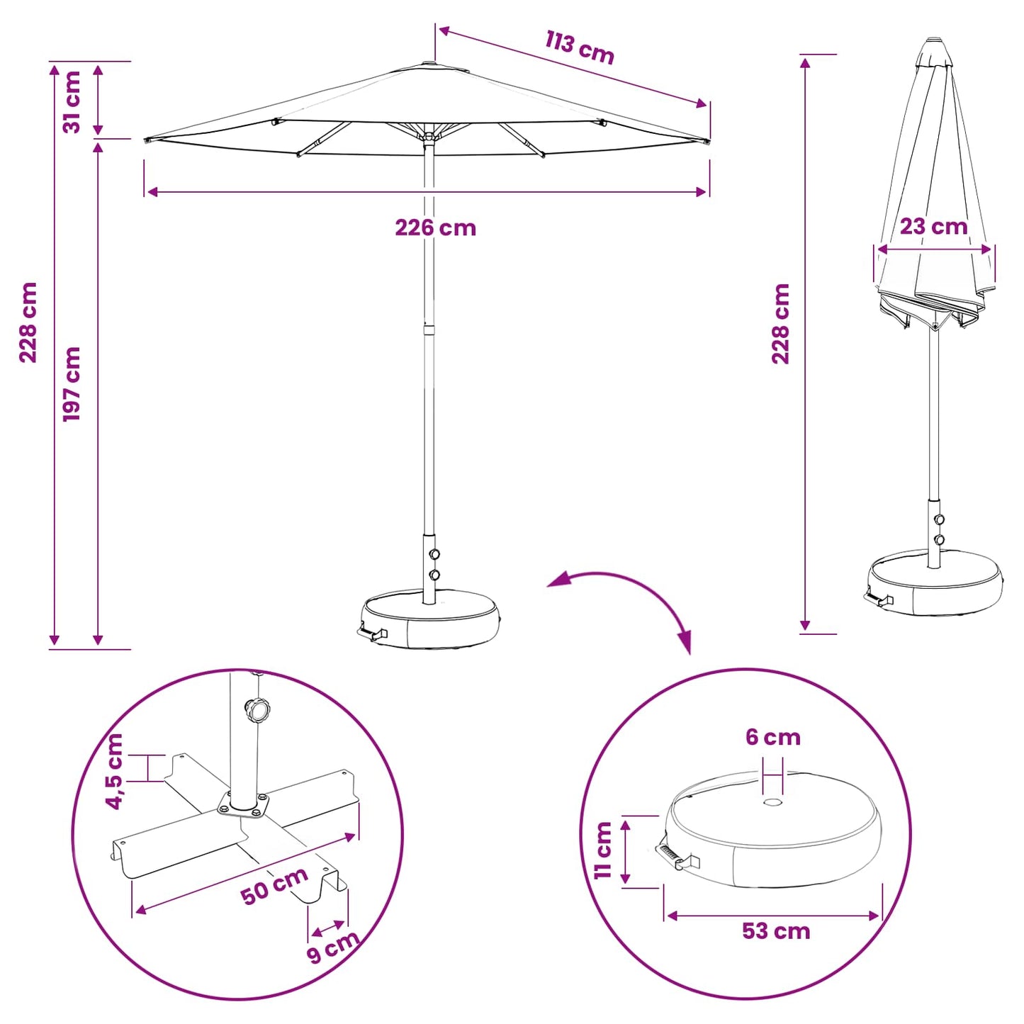 Haveparasol med base 230 x 230 cm Polyester Rektangulær