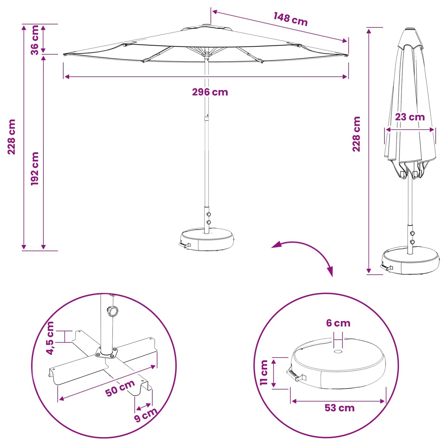 Haveparasol med base 300 x 300 cm Polyester Rektangulær