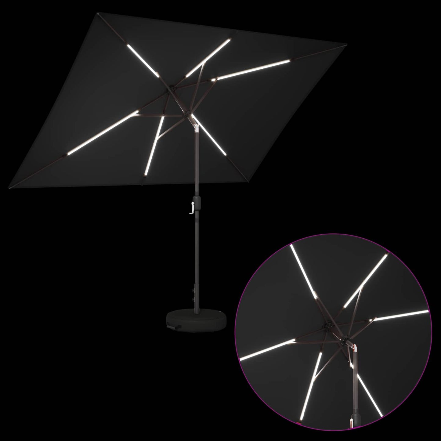 Haveparasol med LED lys og fod 200 x 300 cm Polyester Sort