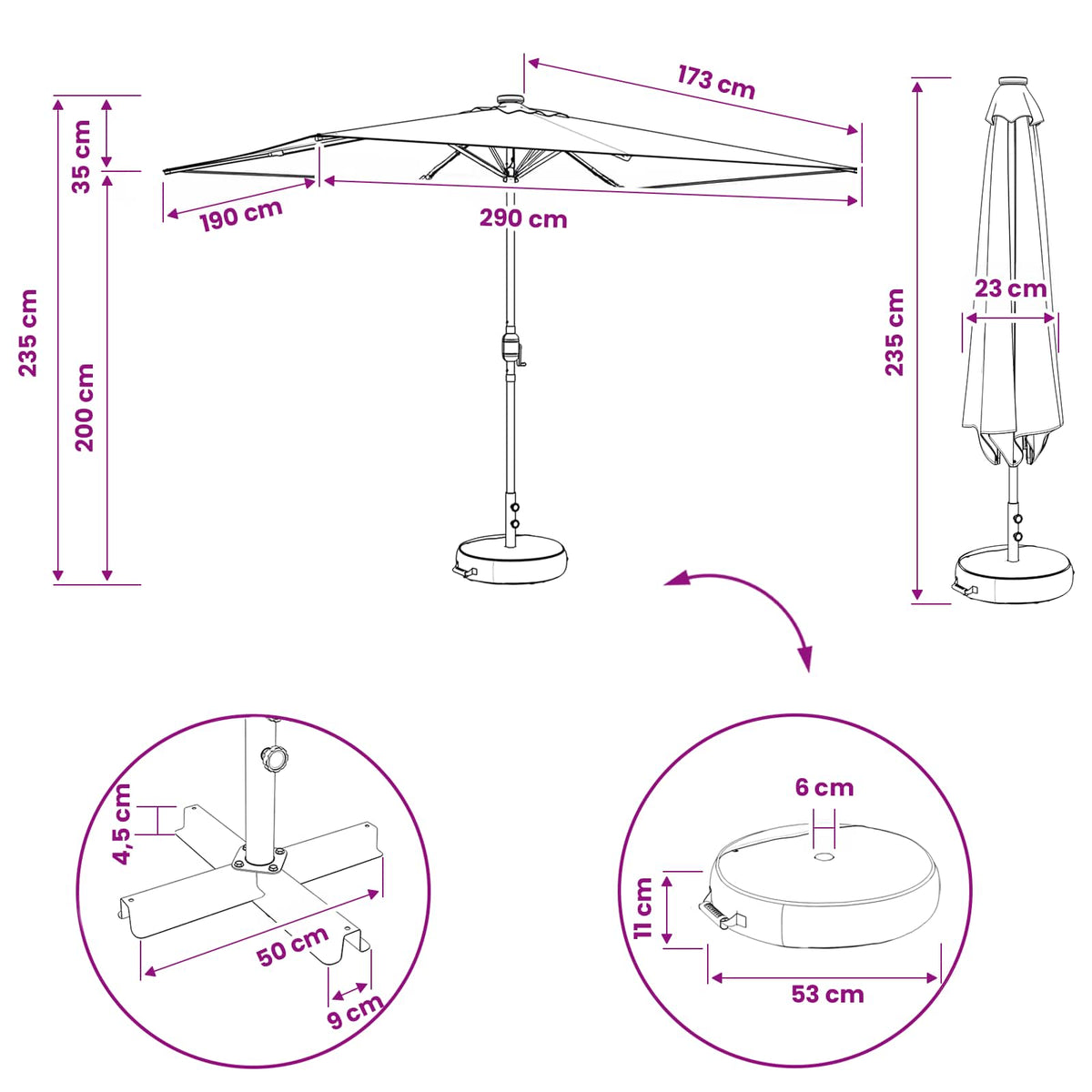 Haveparasol med LED lys og fod 200 x 300 cm Polyester Sort