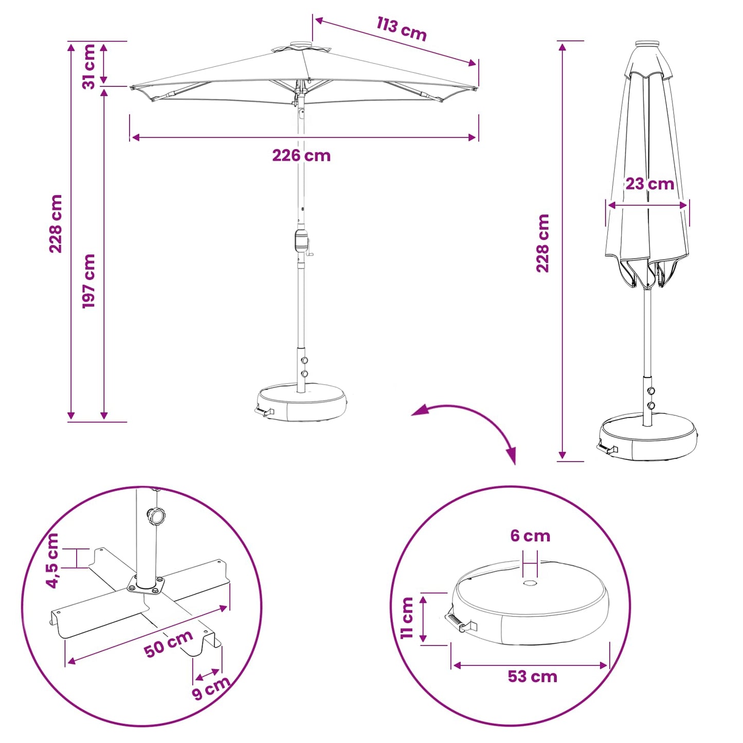 Haveparasol med LED lys og fod 230 x 230 cm Polyester Gråbrun