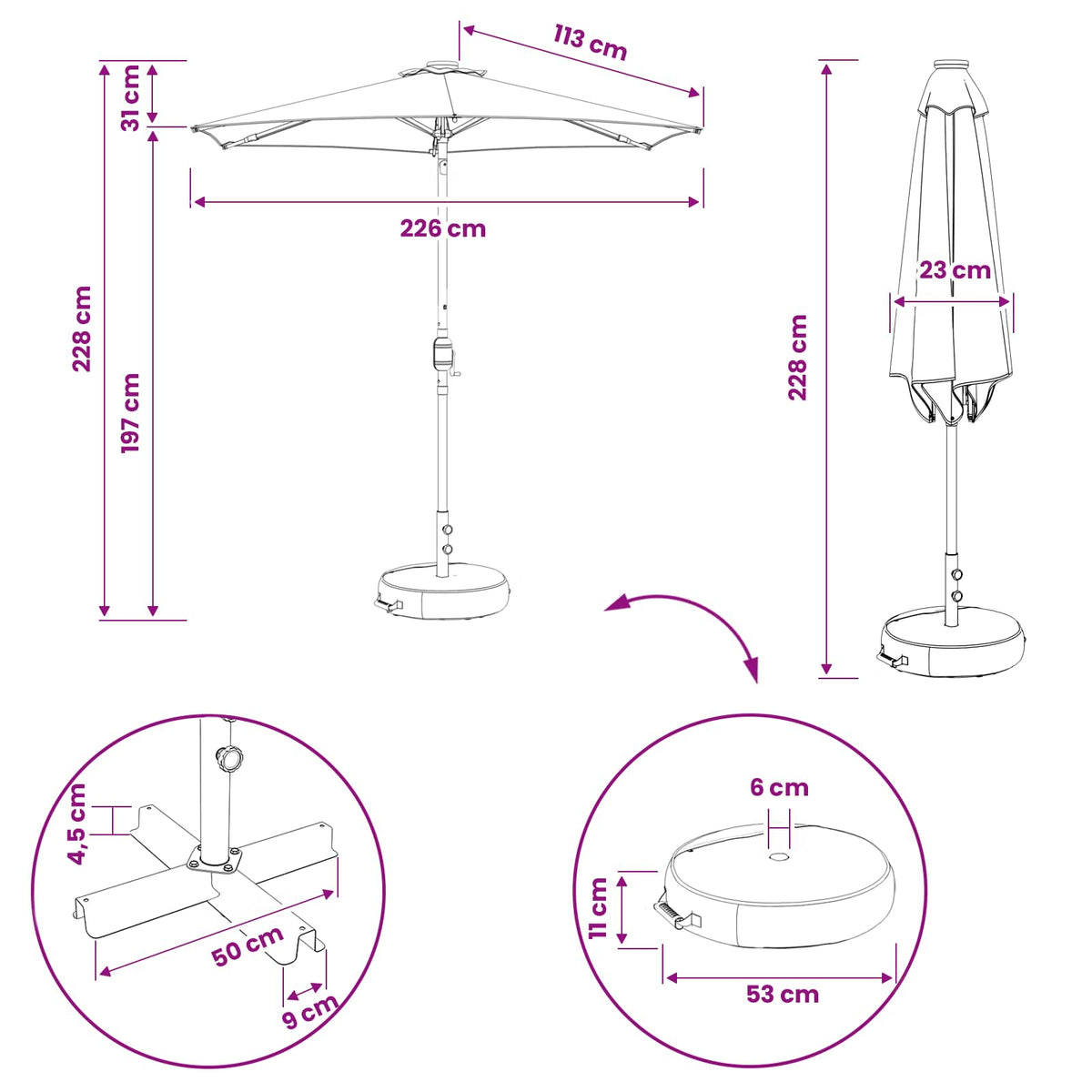 Haveparasol med LED lys og fod 230 x 230 cm Polyester Antracit