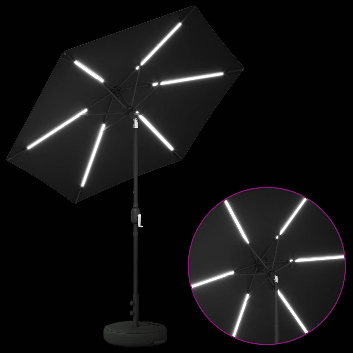 Haveparasol med LED lys og fod 230 x 230 cm Polyester Sort