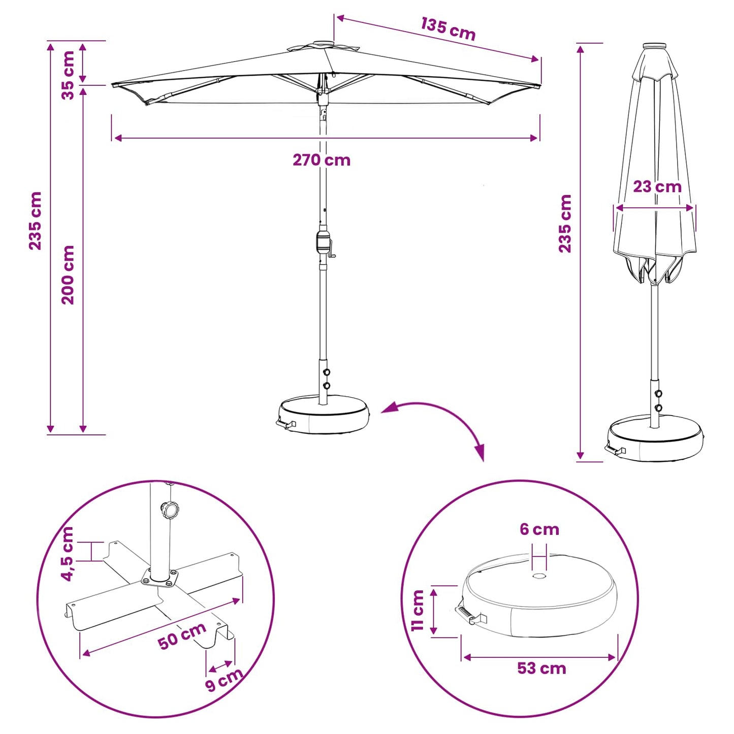 Haveparasol med LED lys og fod 270 x 270 cm Polyester Antracit