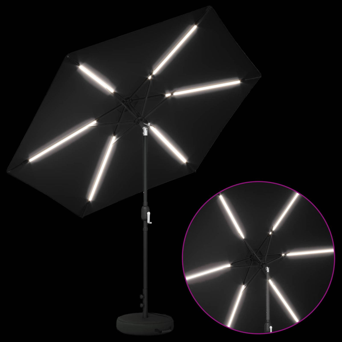 Haveparasol med LED lys og fod 270 x 270 cm Polyester Sort