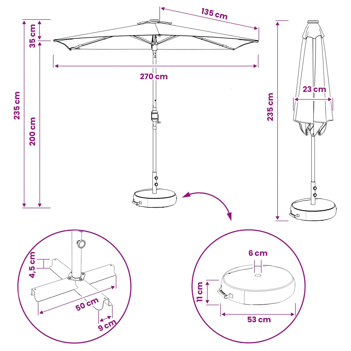 Haveparasol med LED lys og fod 270 x 270 cm Polyester