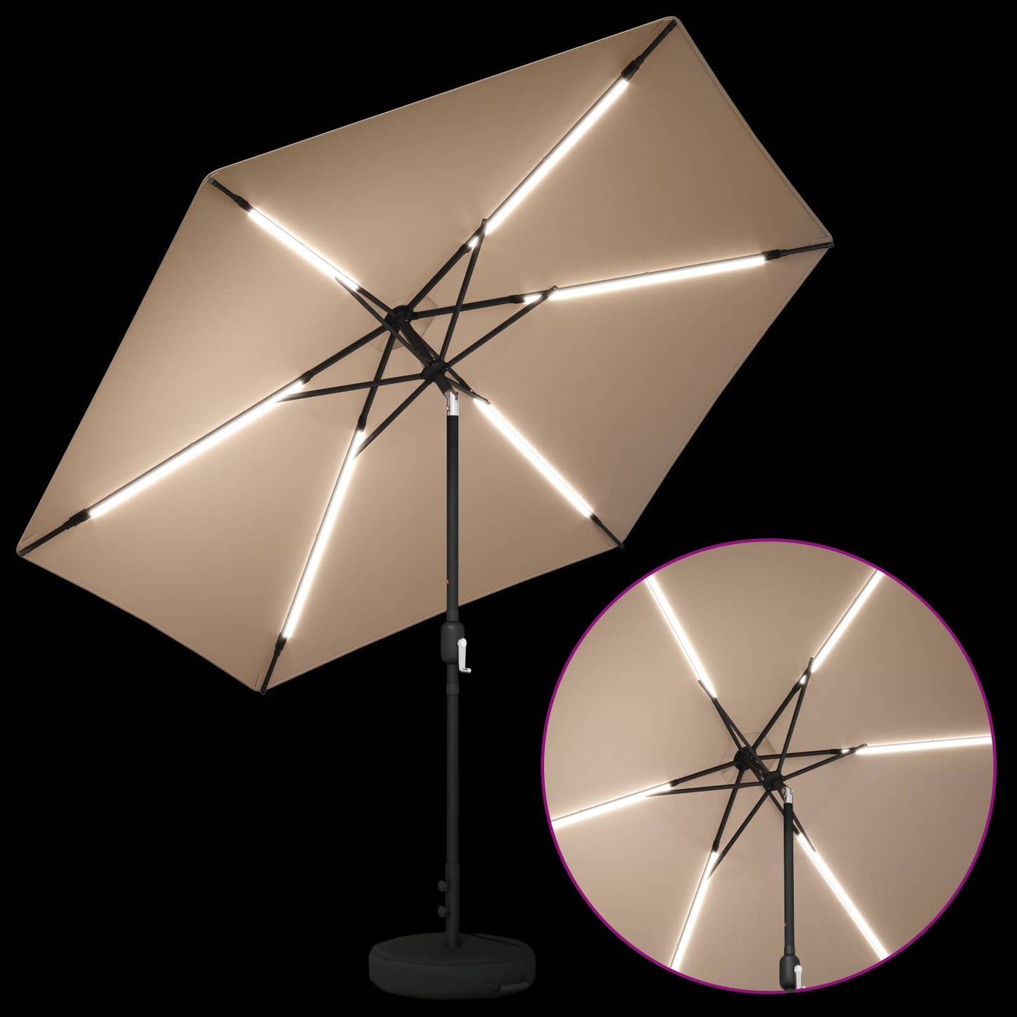 Haveparasol med LED lys og fod 300 x 300 cm Polyester Gråbrun