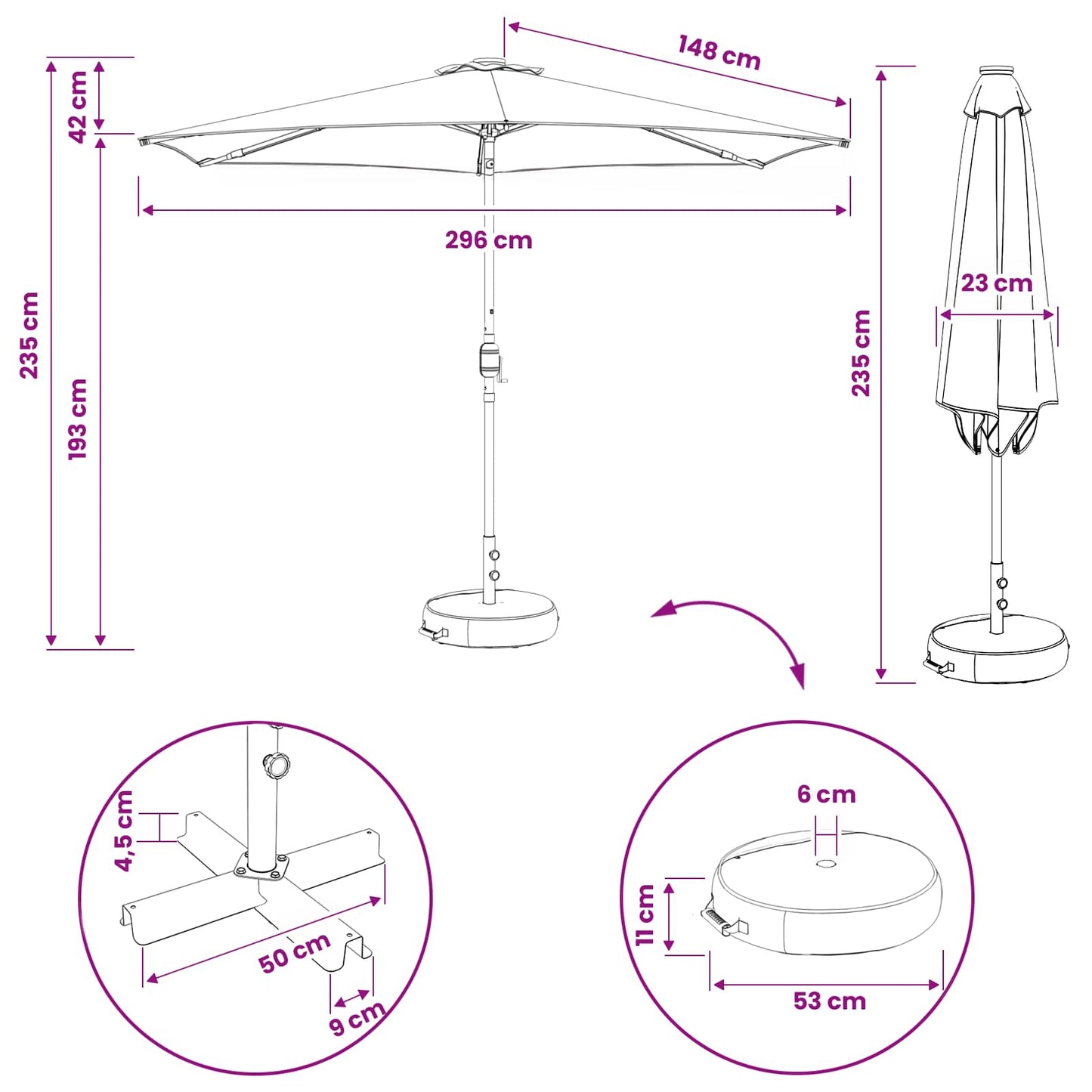 Haveparasol med LED lys og fod 300 x 300 cm Polyester Gråbrun