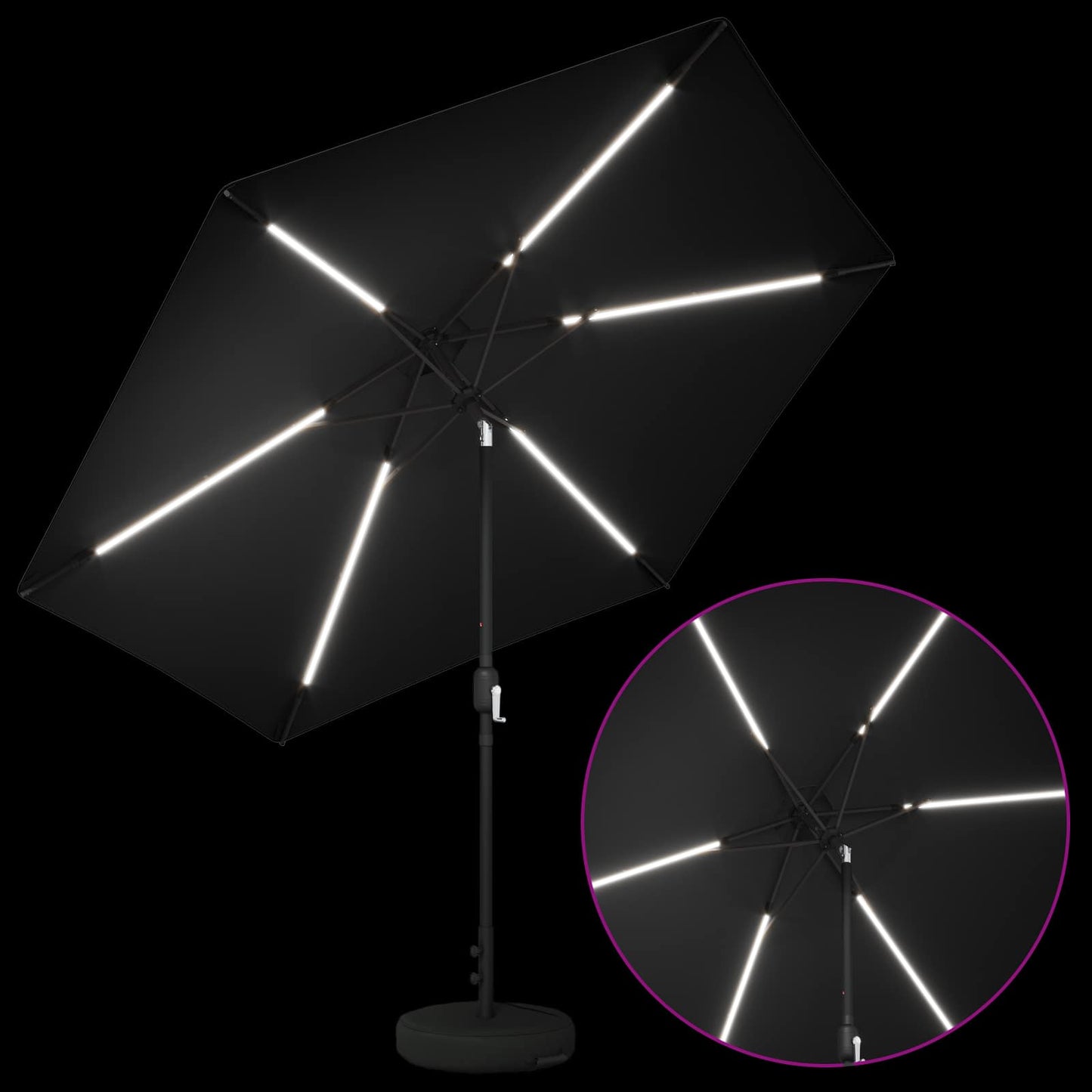 Haveparasol med LED lys og fod 300 x 300 cm Polyester Sort