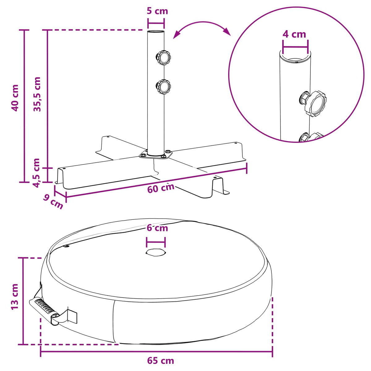 Patio parasolfod 60 x 60 cm Stål Sort