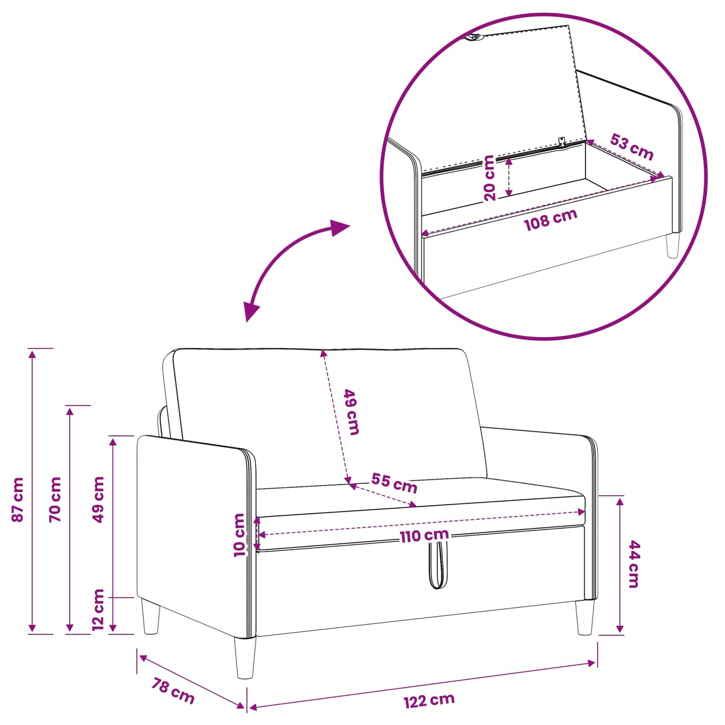 Sofa med opbevaring Lilla 122 x 78 x 87 cm Polyester