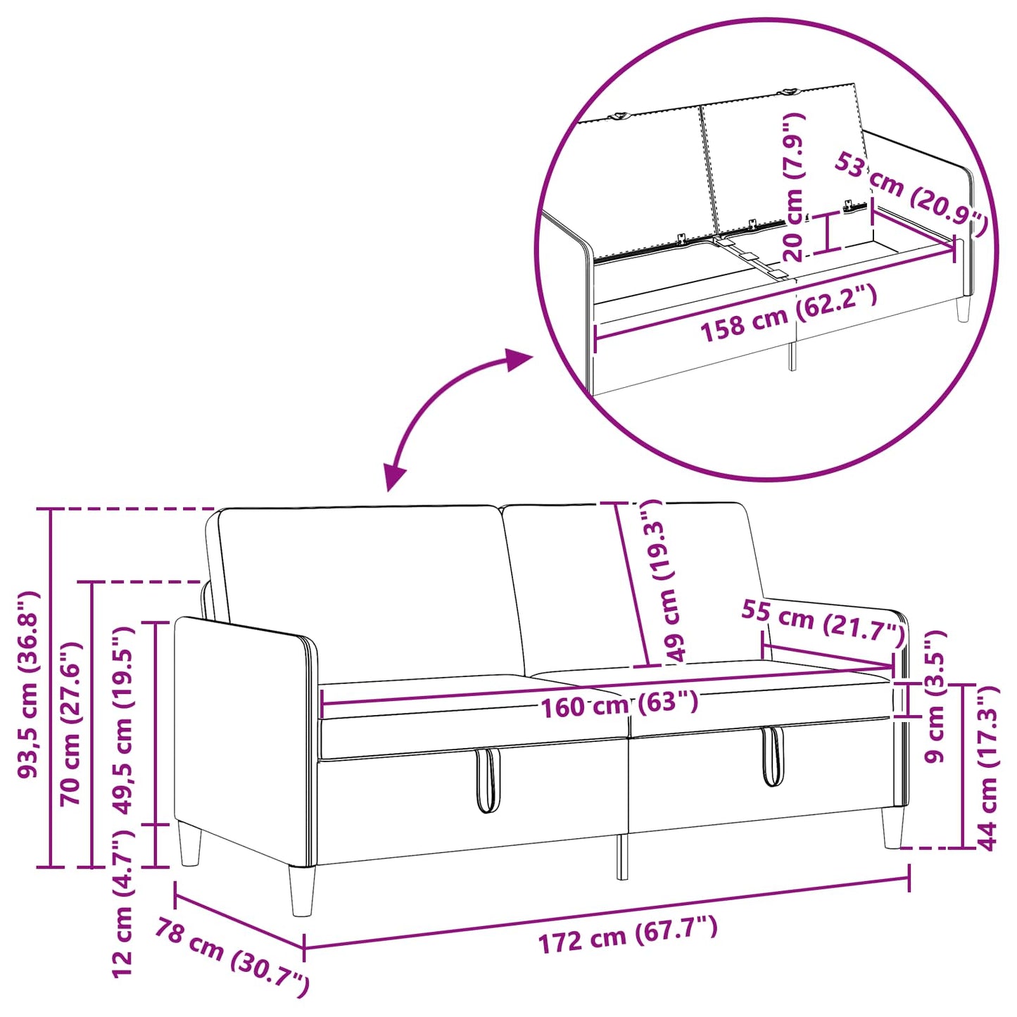 Sofa med opbevaring Turkis 172 x 78 x 87 cm Polyester