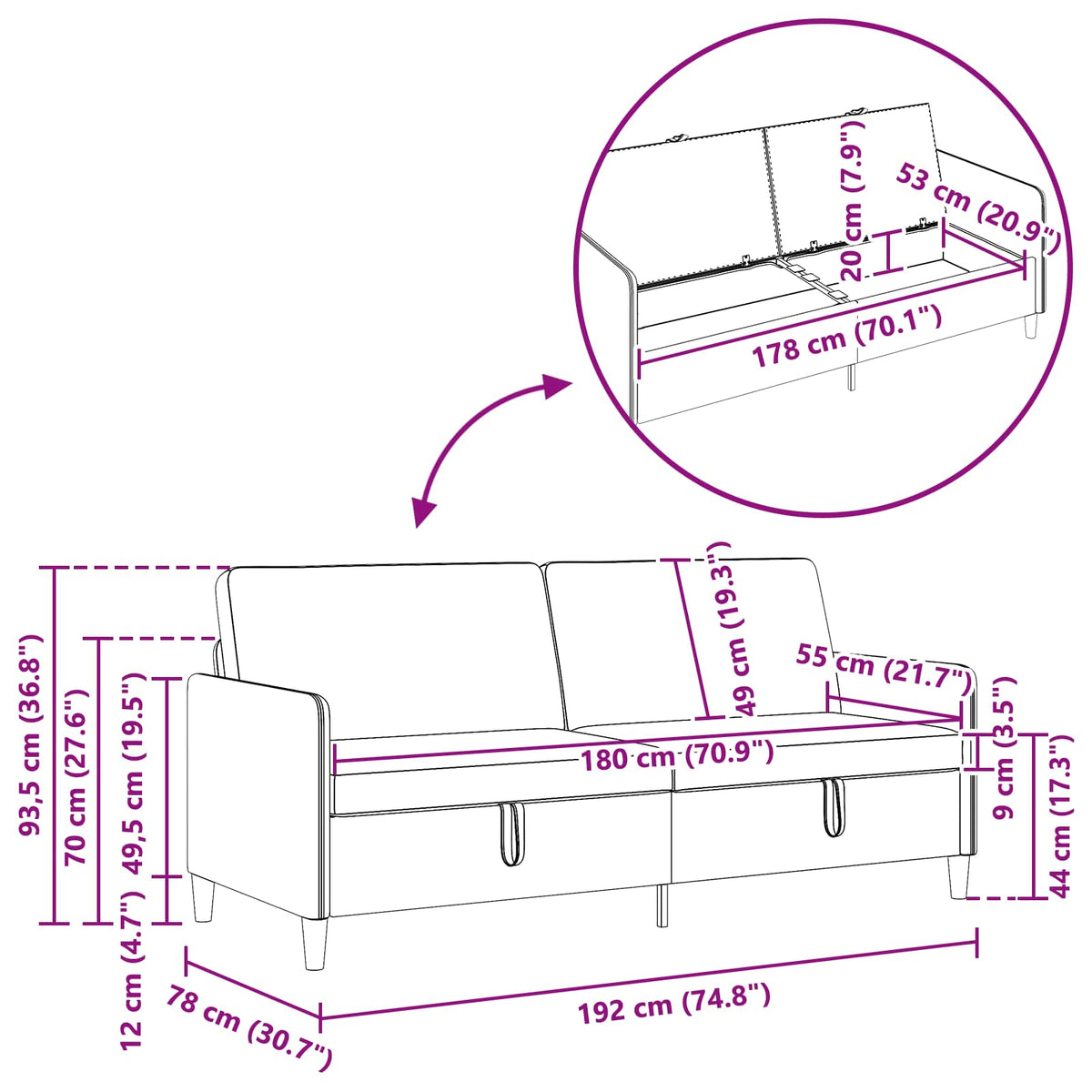 Sofa med opbevaring Vinrød 192 x 78 x 87 cm Polyester