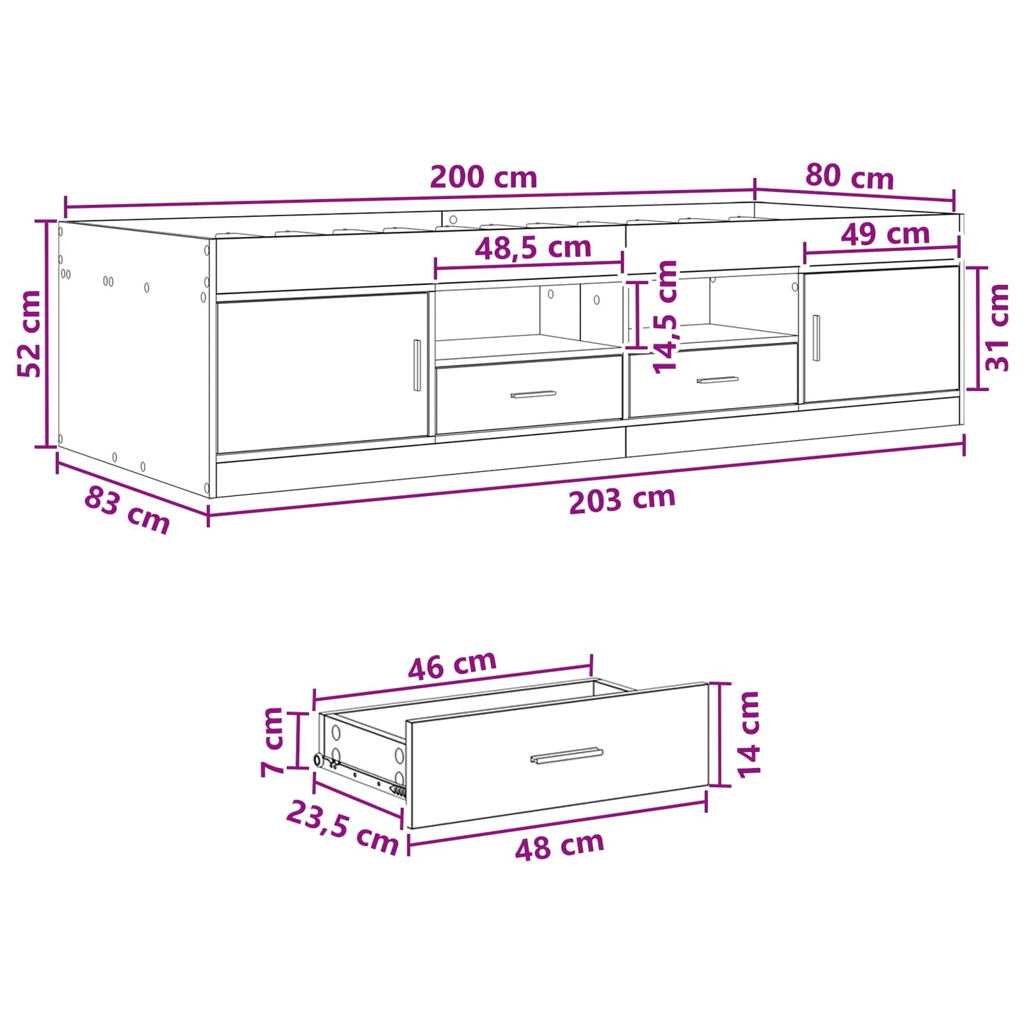 Sengestel med opbevaring med skuffe Gammelt træ 80 x 200 cm