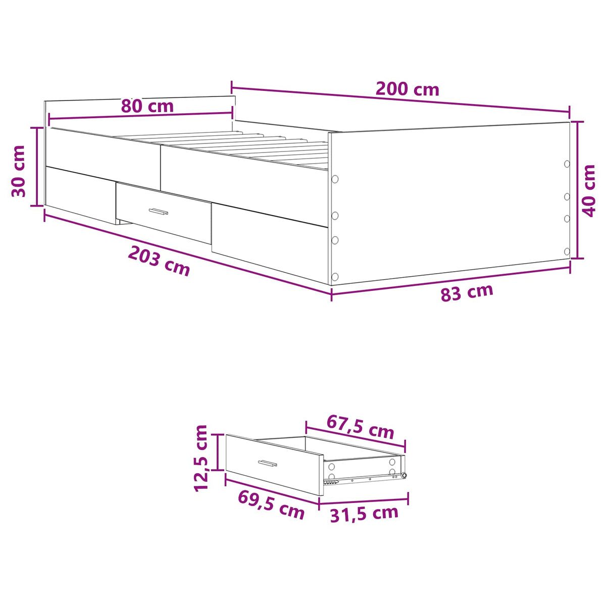 Sengestel med opbevaring Sort eg 80 x 200 cm Konstrueret træ