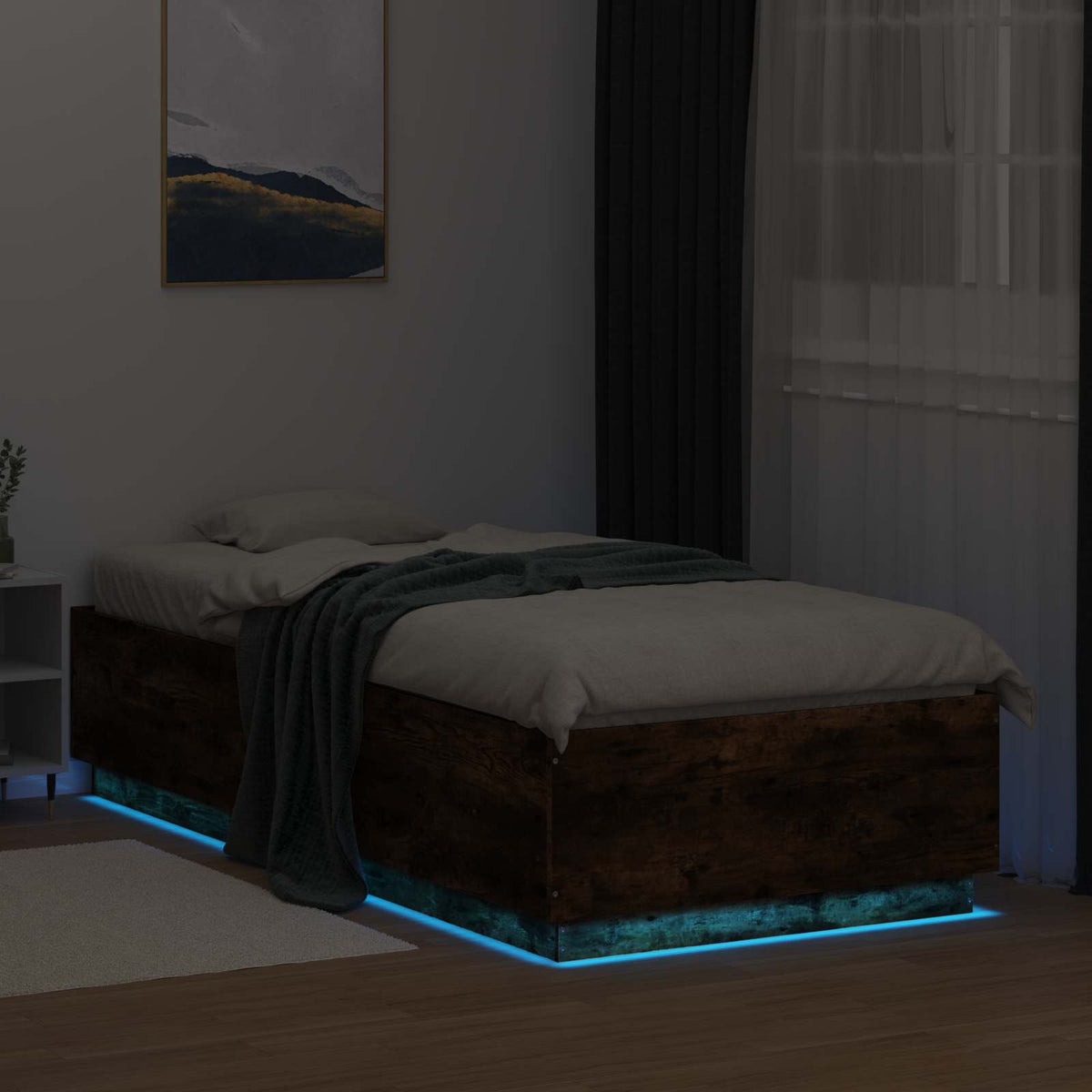 Senge ramme med LED Røget eg 80 x 200 cm Konstrueret træ