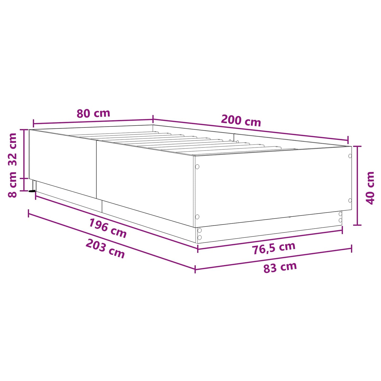 Senge ramme med LED Betongrå 80 x 200 cm Konstrueret træ