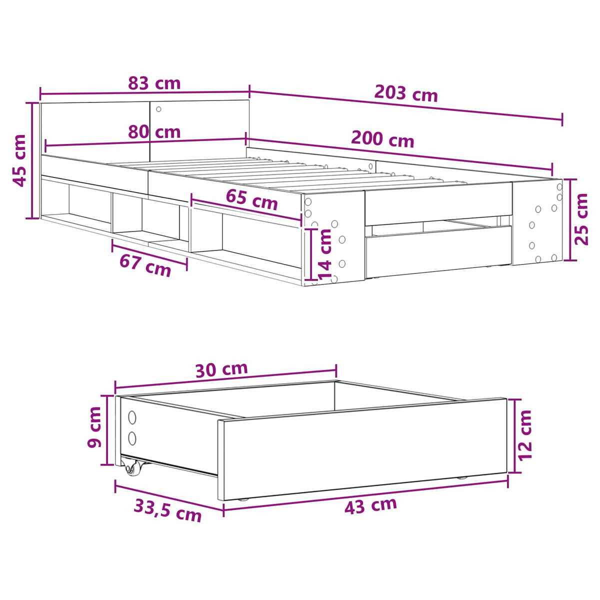 Sengestel med opbevaring Grå Sonoma 80 x 200 cm Konstrueret træ