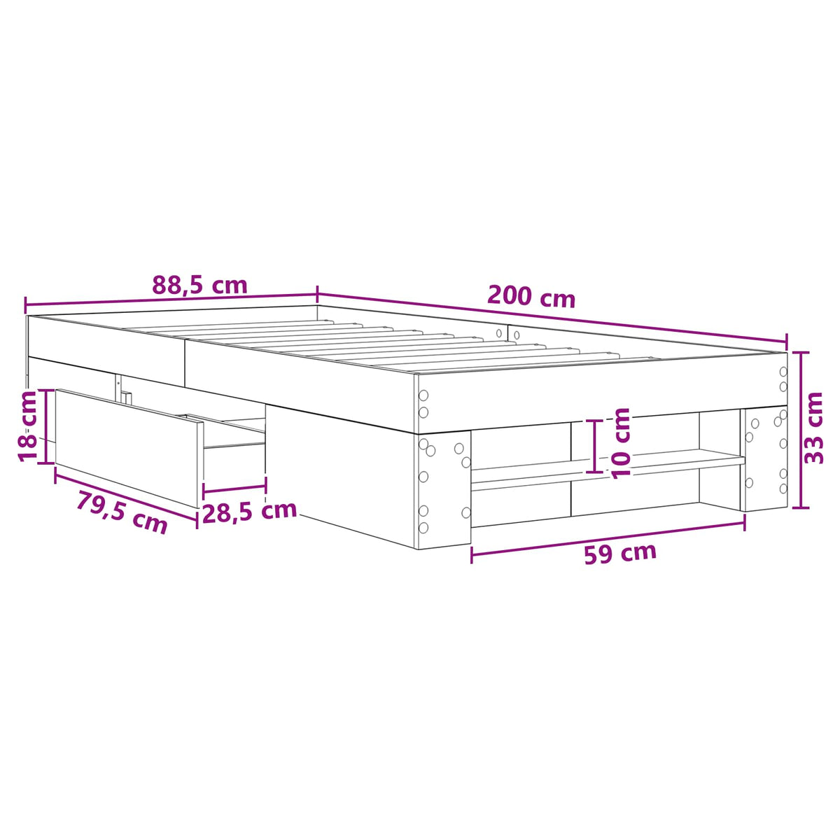 Sengestel med opbevaring med skuffe Gammelt træ 80 x 200 cm