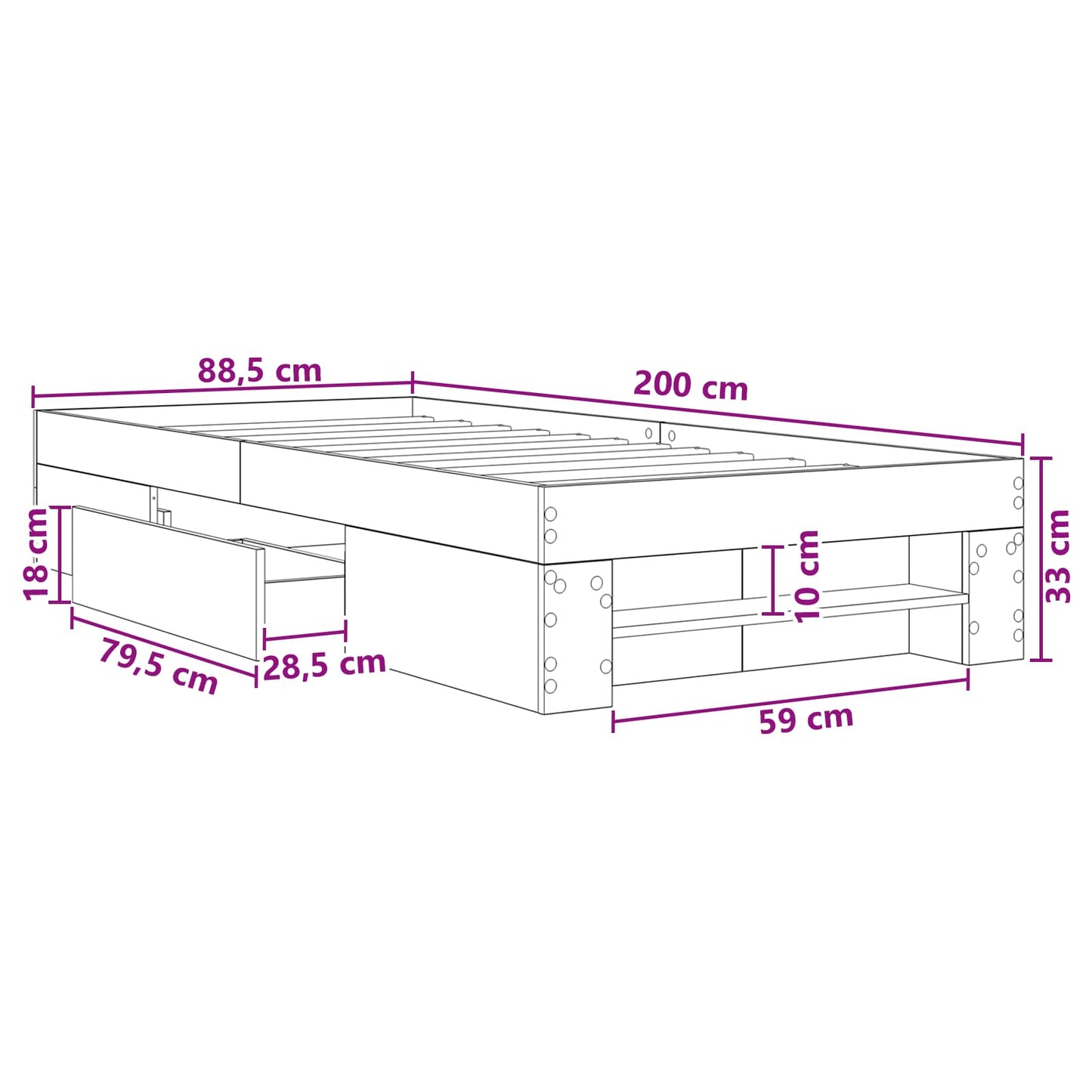 Sengestel med opbevaring Grå Sonoma 80 x 200 cm Konstrueret træ