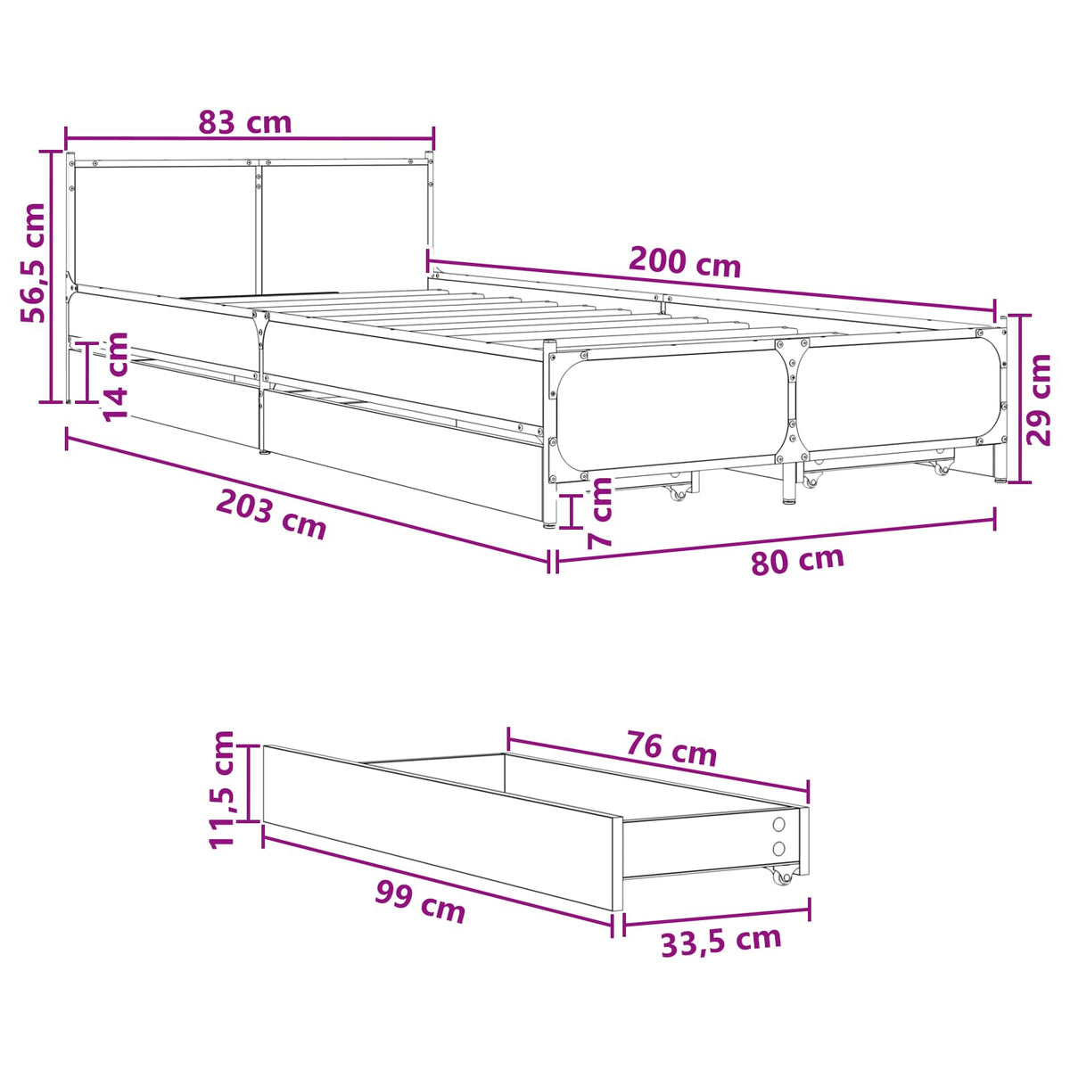 Sengestel med hovedgærde Grå Sonoma 80 x 200 cm Konstrueret træ