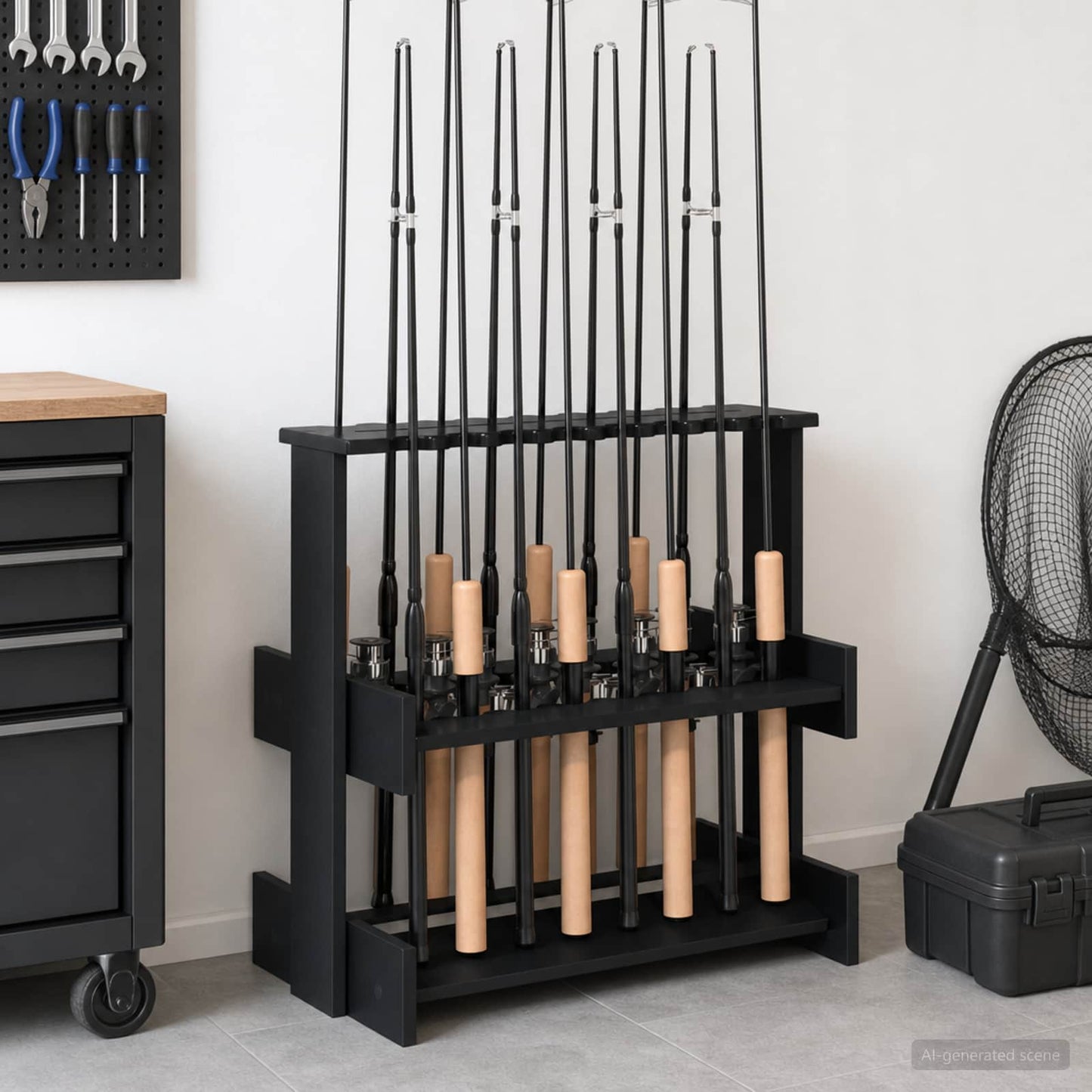 Holder til fiskestang Konstrueret træ 60 x 35 x 60 cm Sort