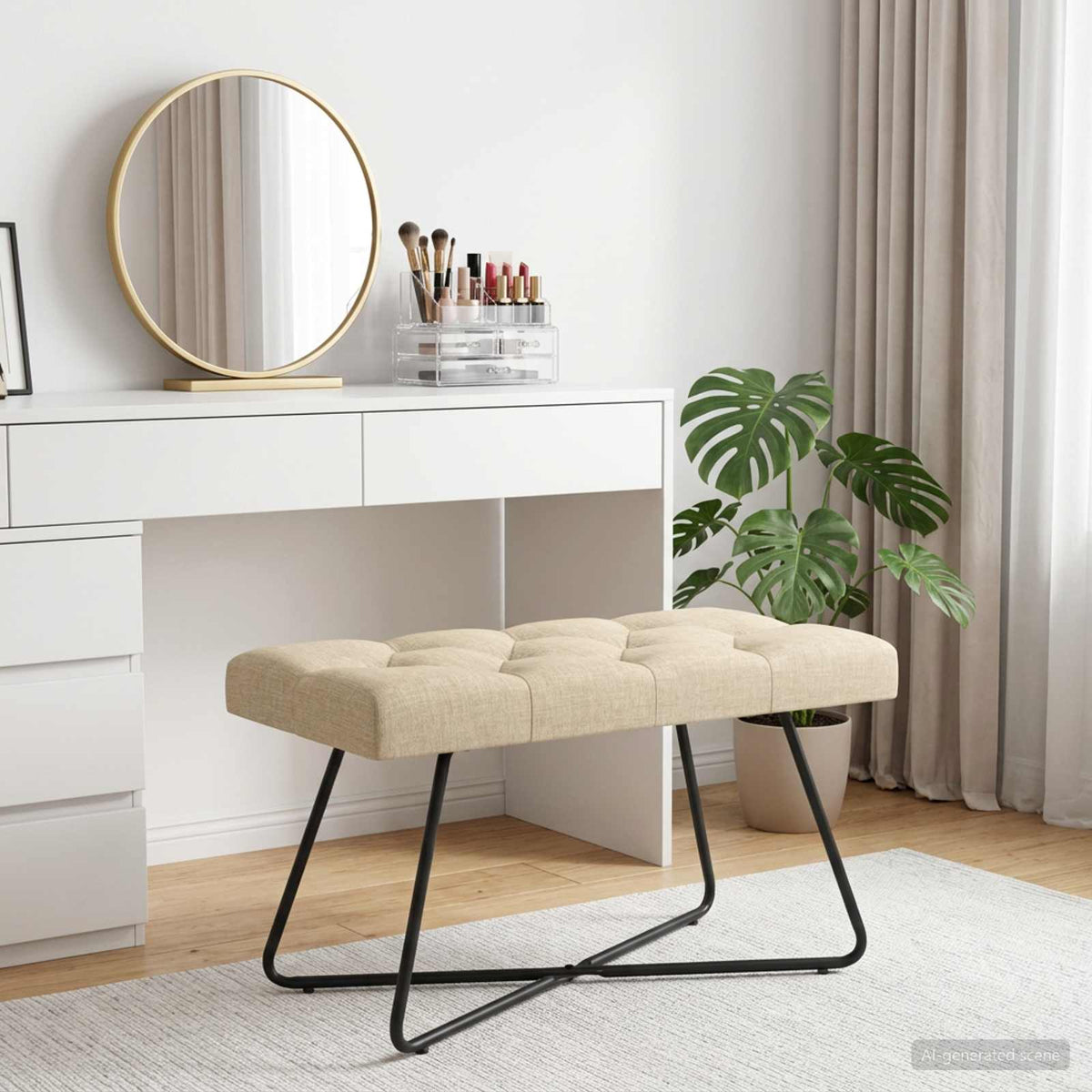 Bænk med knap tufting Cremefarvet 80 x 40 x 46 cm Stof