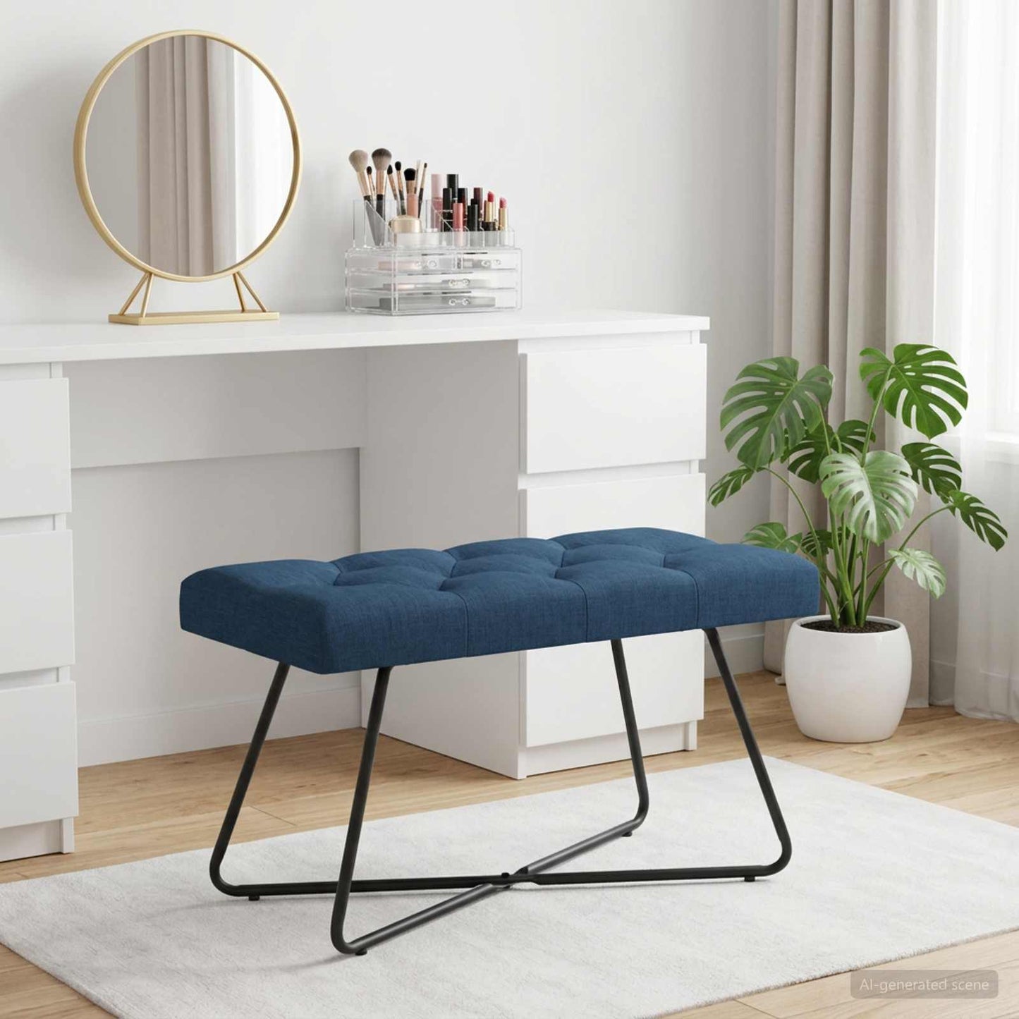 Bænk med knap tufting Blå 80 x 40 x 46 cm Stof